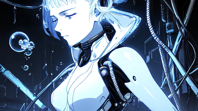 Complex 3d rendering ultra detailed beautiful porcelain profile female android face、Cyborg、Armor equipment、robot parts、150 mm、Beautiful Studio Soft Lights、Rim Light、Vivid details、Luxury Cyberpunk、Lace、surrealistic、Anatomical、facial muscles、cables electric wires、Microchip、elegantly、a beautiful background、Octane render、HR Giger Style、8k、BEST QUALITY、A Masterpiece、A illustration、Extremely Delicate and Beautiful、Highly detailed、CG、Unification、wallpapers、(lifelike、photorealistic:1.37)、fantastic、finely detailed、A Masterpiece、BEST QUALITY、Official Art、Highly detailed CG unity 8k wallpapers、Absurdres、Incredibly absurd、a robot、Silver Halmet、((standding, Very sexy ass, stooping forward、))、from back((upper Body))、NIGHT、Ruins、Woman Engulfed in Blue Flames、glowing black eyes、Beautiful eyes with attention to detail、Silver hair blown by the cyberpunk wind、Intense angry look