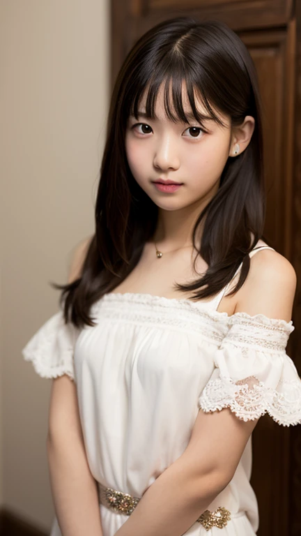 ((Best-quality, Masterpiece, Ultra-High-Resolution, (Photorealistic:1.4), Raw Photo, depth of field, professional lighting)), 1girl, 12-years-old, the most famous Japanese idol, looking at viewer, innocent smile, sitting on bed, ((wearing only white childish-underwear with childish-patterned)), (extremely cute and extremely childish face, ((extremely cute and extremely big black-round-eyes)), extremely cute black-long-hair, ((extremely beautiful and extremely realistic skins)), extremely cute long-eyelashes, extremely cute lips, (extremely childish body))