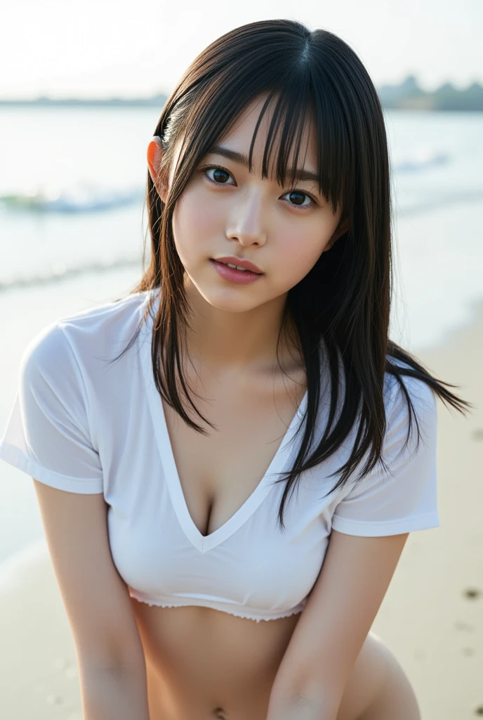 (at beach, 1 girl, small breasts, medium long hair, white T-shirts, wearing denim miniskirt and white panties, camel toe, Spread legs, squatting:1.5), fair-skinned, glossy lips, skinny, body type, delicate and sexy clavicle, highest quality, RAW photo, realistic, face, incredibly ridiculous beautiful girl, cute, Depth of bounds written, High resolution, ultra detail, detailed, Very detailed, extremely detailed eye and face, sharp pupils, sharp focus, cinematic lighting