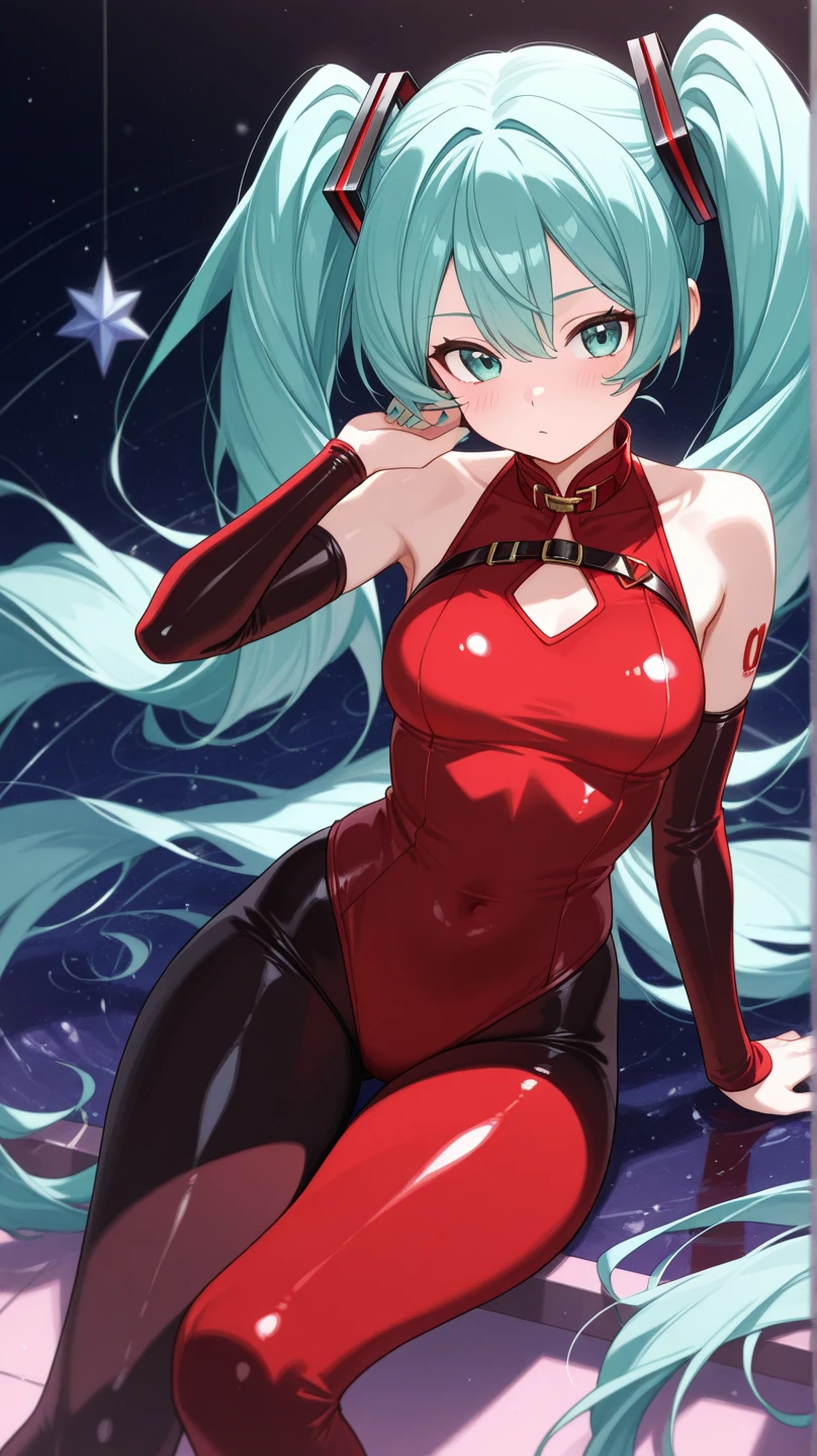 masterpiece, best quality, highres, 1girl, solo, superhero, red leotard, bare legs, red boots, matching boots, aura, blue aura, sleeveless, red gloves, bracelets, matching gloves, looking at viewer, light particles, city backdrop, perfect hands, perfect eyes, powering up, perfect leotard, perfect legs, perfect arms, perfect fingers, light blue and dark green leotard, green hair, aquamarine eyes, medium breasts, short hair, bob hair, blue skin, light sprinkles,