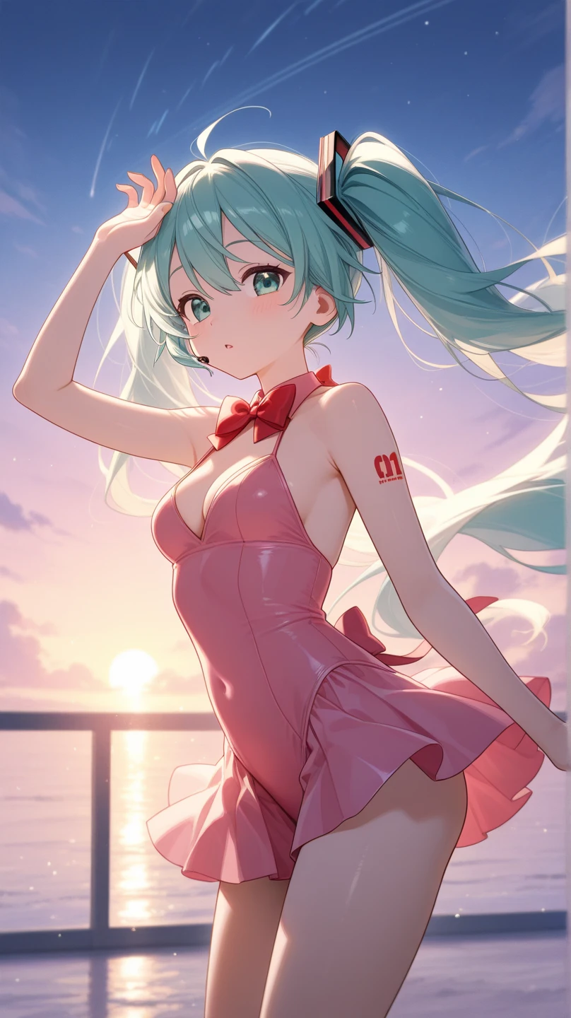 (8k, RAW photo, best quality, masterpiece, highres, absurdres, ultra detailed:1.3), (Photography, realistic, photo-realistic:1.4), (beautiful natural lighting, beautiful deatailed shadow, beautiful detailed glow :1.4), atmospheric,
BREAK Beauty 1 Girl,Solo,(Cute:1.5),(Chibi:0.6),(kawaii:1.5),(Loli:0.5),BREAK,(17 years old girl),Very detailed,colourfull,highest details,Clear skin,Beautiful skin,Shy,Very detailed,colourfull,highest details,BREAK,Clear skin,Beautiful skin,Shy skin,1 beautiful girl,(Heterochromia,blue eyes,green eyes:1.75),star eye silhouette,BREAK (pale blue hair, Medium length:1.4),(side ponytail,A little curly hair,Princess Cut, crossed bangs:1.3),,(cleavage of the breast,Big breasts,Beautiful breasts,Large breasts:1.5),(long eyelashes, Double eyelids:1.2),Solo,gleaming skin, Clear skin, Beautiful skin,(best quality face),(Top quality glowing eyes), (The best smile,:D:1.45),
BREAK //Character
//Character
1girl,
BREAK
//Fashions
(red frozen crystal-themed dress with intricate ice-inspired details:1.2),(red dress adorned with abundant lace and ribbons:1.3),(mesmerizing red dress inspired by ice crystals, creating a magical aesthetic:1.2),(effortlessly chic hairstyle:1.4),
BREAK landscape of Nostalgic japan streetscape, many Stretched electric wires, many Complex Electric pole, (vivid sunrise clouds:1.1), (Strong glitter Dazzling backlight:1.1), (Grass dripping with morning dew, tip of lawn enlarged, large lecture park, running with singing: 1.45), wind, wariza,
BREAK wakame,wakame,wakame,(cowboy shot,from side:1.4),
BREAK manga illustration.media,manga style,(water color:1.15),