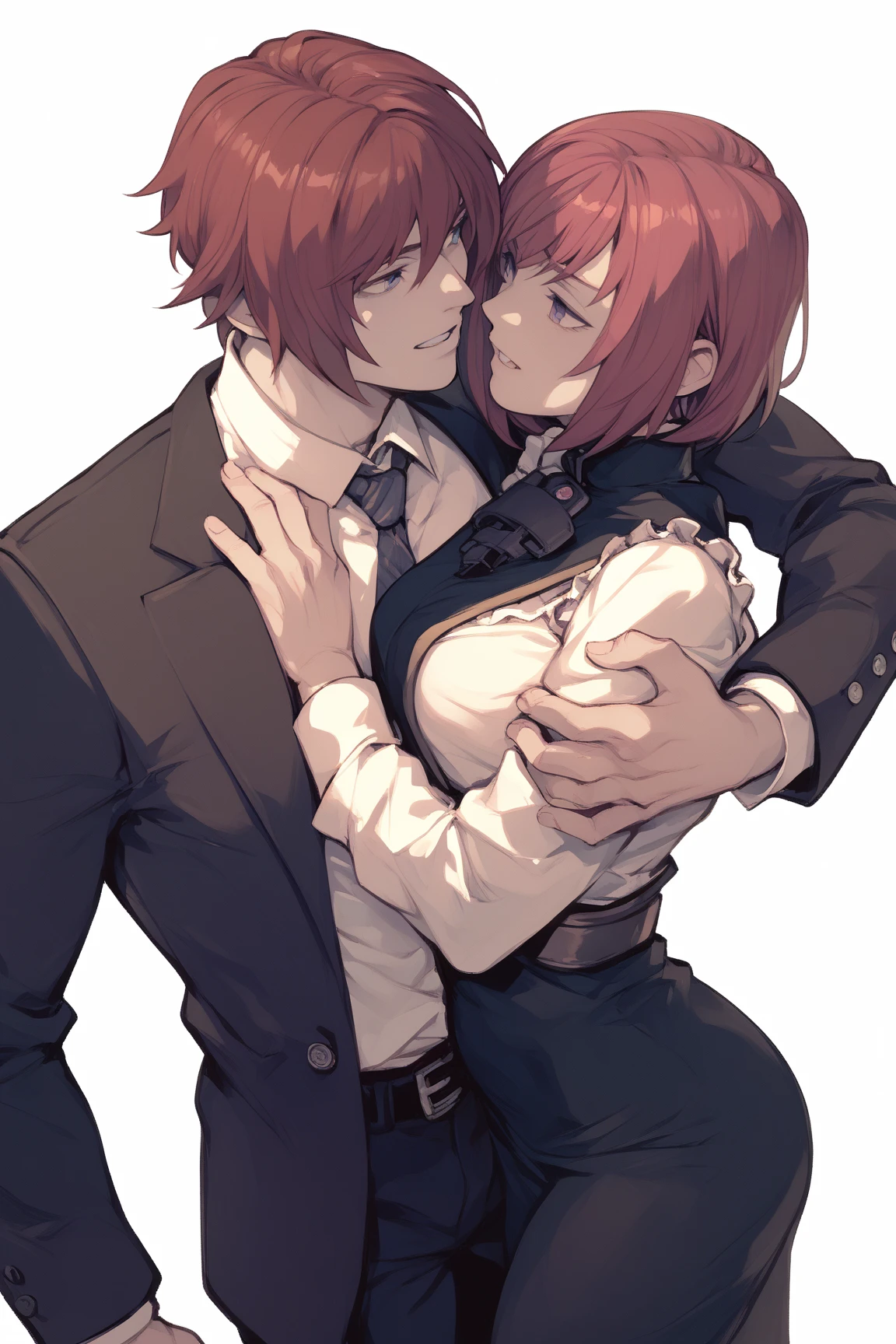 Male and Female、(Long hair busty woman)、Back to Back、Angle from the side、Smiling、Naked and naked、Nipples、blush、((Red hair))、Simple white background、(Naked short-haired man、Man with bouncy hair、Shaved back of head)