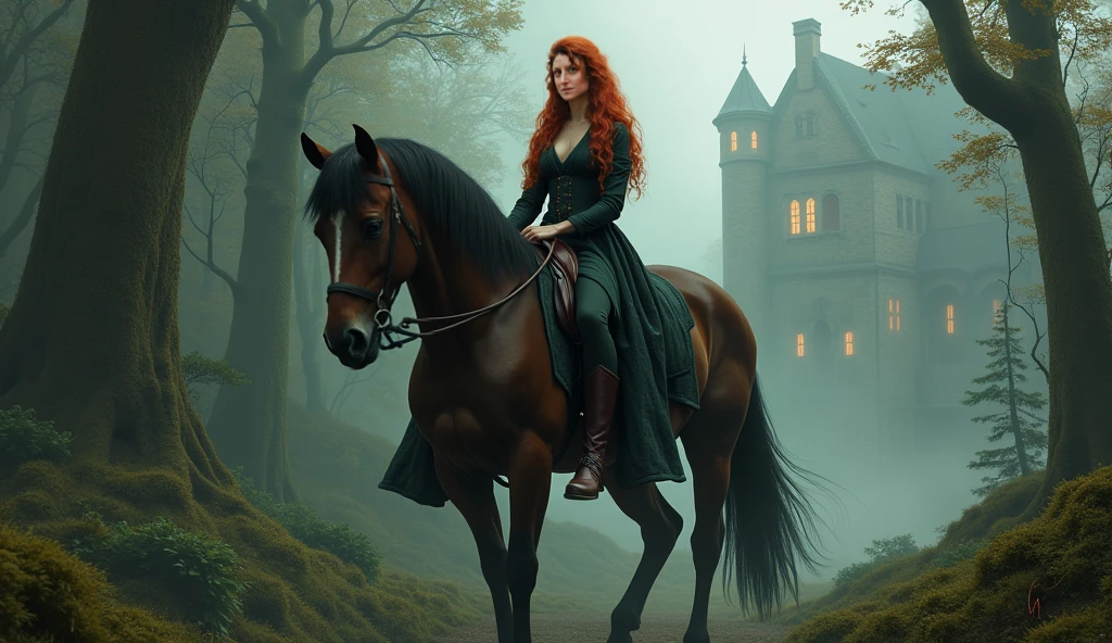(Photorealism 2:3)1 girl, red curly long hair, pale skin tone, green dress with long sleeve with a armor corset with gold flower printed on it, black leather knee-high boots, standing in the middle of a eerie woods, beside a black horse its golden hair color