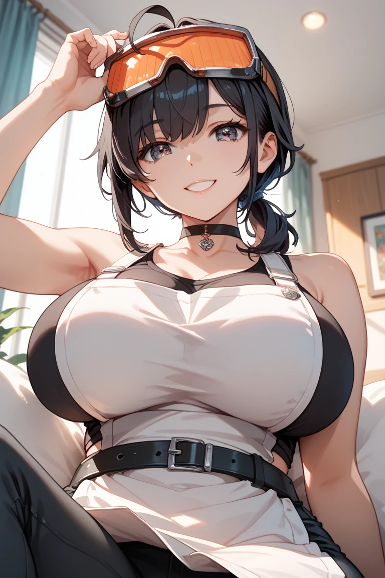 8K, high quality, animation, married woman, fair complexion, beautiful woman, small face, neat, bright, emphasis on eyes, sexy, super big tits, beautiful line drawing. Black hair, white skin, brown eyes, smiling, breast up, ((big tits)), black dress,