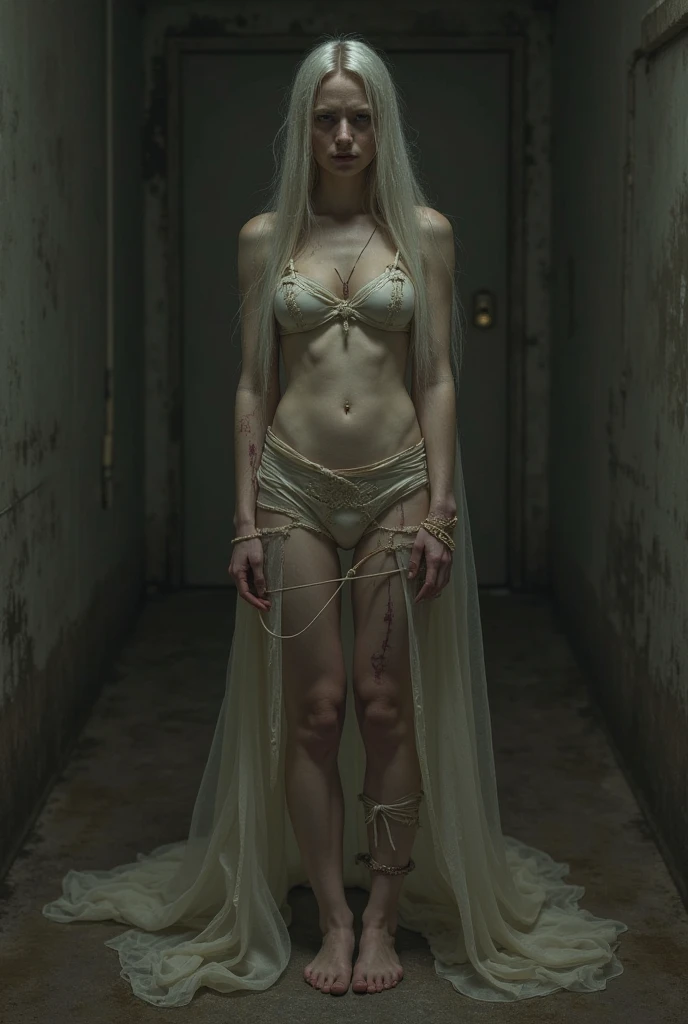 Psychedelic, delicate, dramatic, ray-traced, post-apocalyptic, full body shot, 1girl zombie (perfect face, dirty, messy hair, pale face, perfect female body, tattered white female suit skirt, tattered lingerie, thin body, super big breasts), determined eyes, small smile