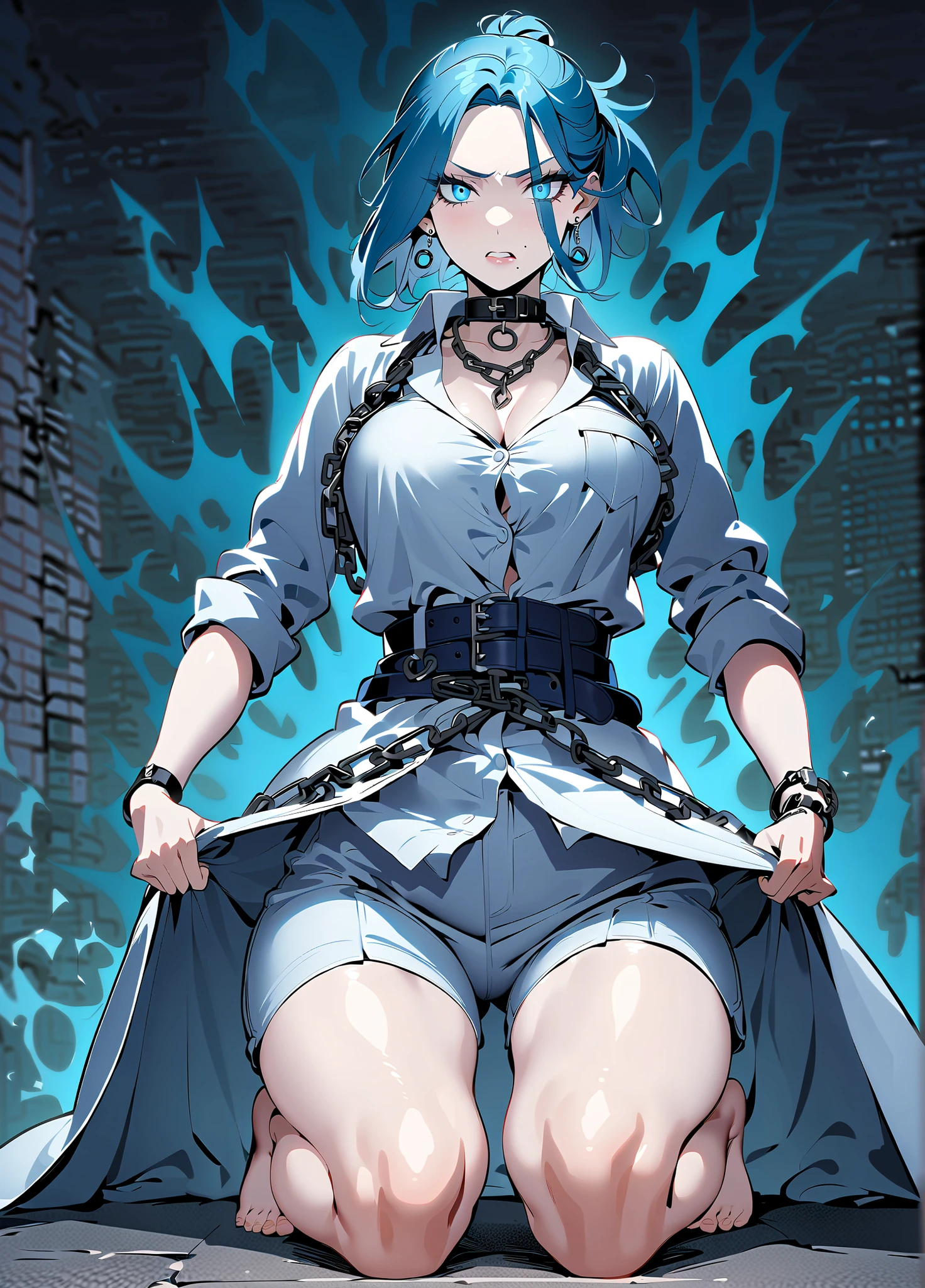 embedding:IllusP0s.safetensors 1girl, solo,
A0Regl0ss, blue eyes, blue hair, medium hair, parted bangs, short ponytail, mole under mouth, blue eyeshadow, earrings, black choker, belt collar, necklace, white jacket, chest belt, sleeves rolled up, white shirt, dress shirt, bracelet, white shorts
Hold_person, aura form body , square magic,chain, magic chain,
Anger, yelling, anger vein, kneeling, looking at viewer,