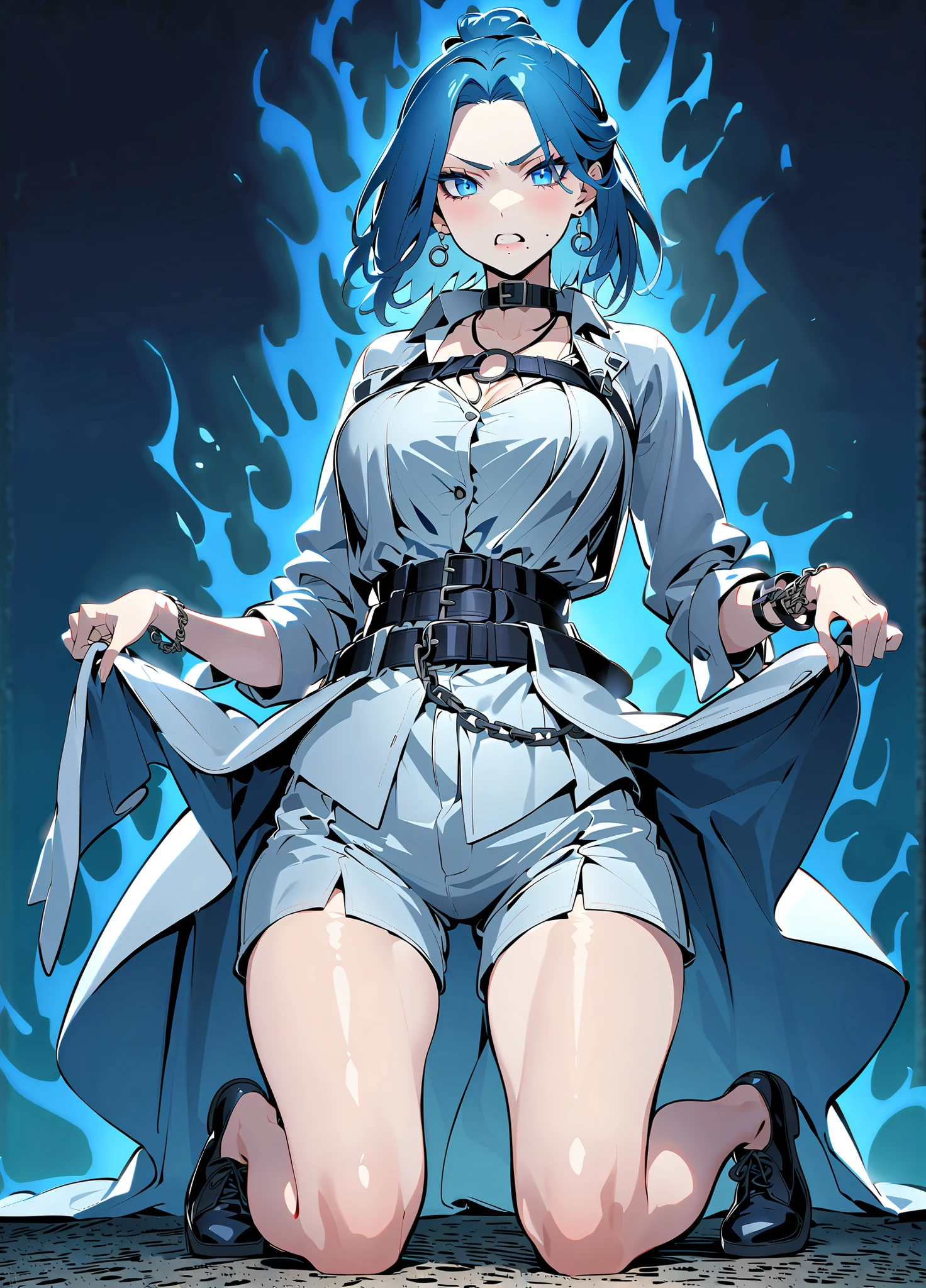 embedding:IllusP0s.safetensors 1girl, solo,
A0Regl0ss, blue eyes, blue hair, medium hair, parted bangs, short ponytail, mole under mouth, blue eyeshadow, earrings, black choker, belt collar, necklace, white jacket, chest belt, sleeves rolled up, white shirt, dress shirt, bracelet, white shorts
Hold_person, aura form body , square magic,chain, magic chain,
Anger, yelling, anger vein, kneeling, looking at viewer,