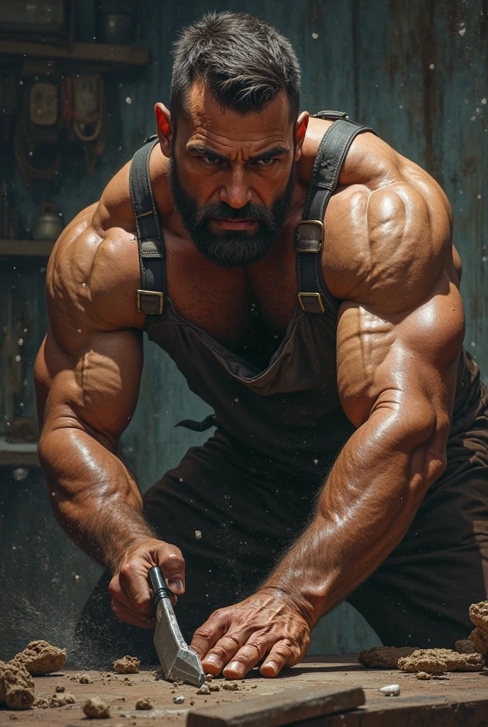 Macho Japanese Muscle Body Beard Angry expression Perfect facial expression Wearing a black T-shirt Perfect muscle definition Depicted from the waist up Dark Background