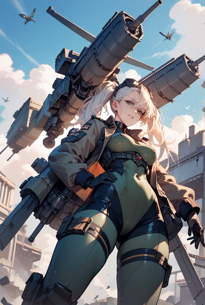 Cammy, she's wearing her classic combat uniform, a red bandana is tied around her head, her boots are black leather with white laces, and her gun is attached to her right thigh. She's standing atop a skyscraper looking out over the city below. The sky is cloudy and grey, with some buildings in the background almost hidden by fog. Cammy looks calm and determined, as if watching her next mission. / The setting is a large, modern city with tall buildings and skyscrapers. The city appears to be located on the sea coast, with some docks and cargo ships visible on the horizon. There's a cold breeze blowing, making the leaves of the trees move and Cammy's hair fly. / The environment has a tense and dangerous atmosphere, as if something important is about to happen. The city is silent except for the distant sound of cars and the ocean. / Digital illustration with a manga art style. Cammy looks like it came straight out of an action anime, with vibrant colors and crisp, clean lines. / --auto --s2
