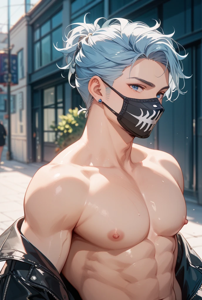 highest quality, 8K, high resolution image, anime style Jujutsu Kaisen, (Grimmjow Jaegerjaquez | Bleach), swordmaster, detailed strokes, bored look , blurred, purple light reflecting from it, 1 man, young, male, model, hand in pocket, cool guy, multicolored Background with various geometric shapes, around stickers, muscular, blue hair, blue eyes, blue hair, hair between eyes, highlighted hair ,swollen chest, black Jacket, sweatpants, Background: big City, he's in a sports station, there are sports fans everywhere,