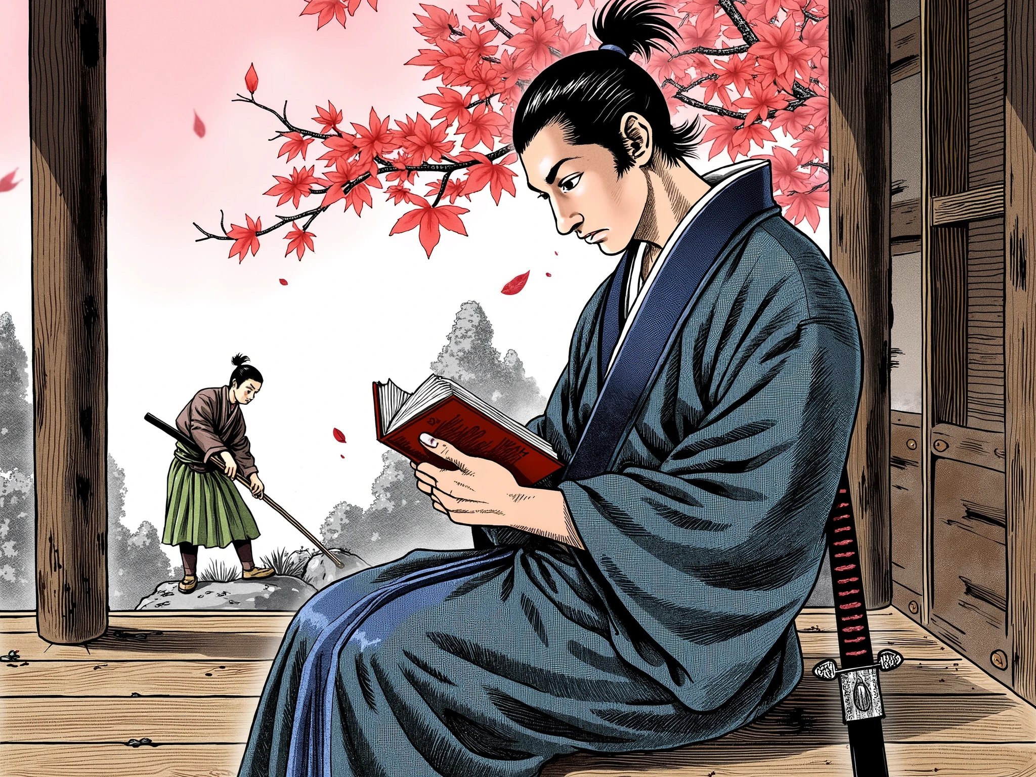 Highlight Musashi Miyamoto seated on a wooden porch, reading a small book bound in traditional style with calm concentration. Manga-style realistic composition, using Chinese ink for outlines and watercolor for the background. He overlooks a Zen rock garden; his sheathed katana lies to the side. In the background, a young Sasaki Kojiro sweeps fallen leaves (seen from the side, slightly out of focus) symbolizing Musashi’s spiritual legacy. Dawn’s pale pink light accentuates kimono textures and the lines on Musashi’s hands.