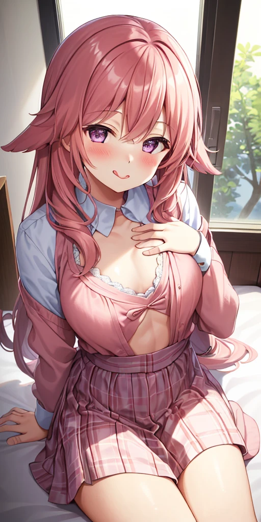 Beautiful illustration、top-quality、Cute little girl s、Bedroom、A pink-haired、length hair、(((Pink pleated skirt)))、(((pink sailor suit)))、shortsleeves、Colossal tits、a navel、Flipping up the skirt with your hands、Show white panties、Pull up your skirt and show your panties、bare-legged、blue eyess、on the beds、lovely thighs、glowing thigh