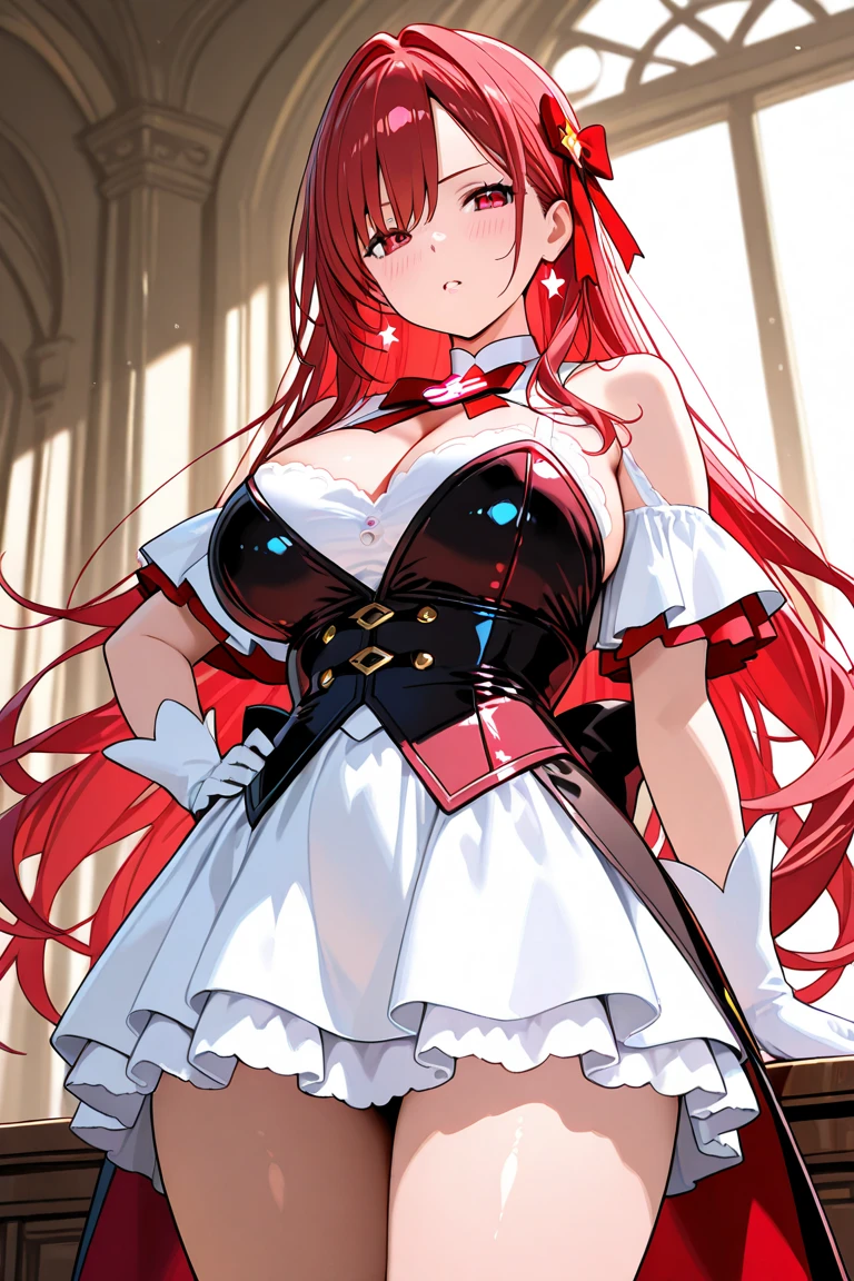 (8K, highest quality, masterpiece:1.2),\(eye\),(\(Clothes details\)\),(huge tit) ,High-definition CG Unity 8k Huge file size,Super detailed,High resolution,美しいeye,ray tracing,dramatic shadow,finely,hyper detail,(1 girl:1.3),(alone)、(long red hair style),wearing(cosplay、Magical girl,Very cute red and white latex dress with frills and ribbons)、blush、big ass、((two dimensional woman、anime style))、(simple background)、hot、((Very sweaty))、((cowboy shot))、(two dimensional picture)、((Showing her cute white panties))、turn toward the viewer、Glasses、Thighhighs、((squat))、((open your legs wide))