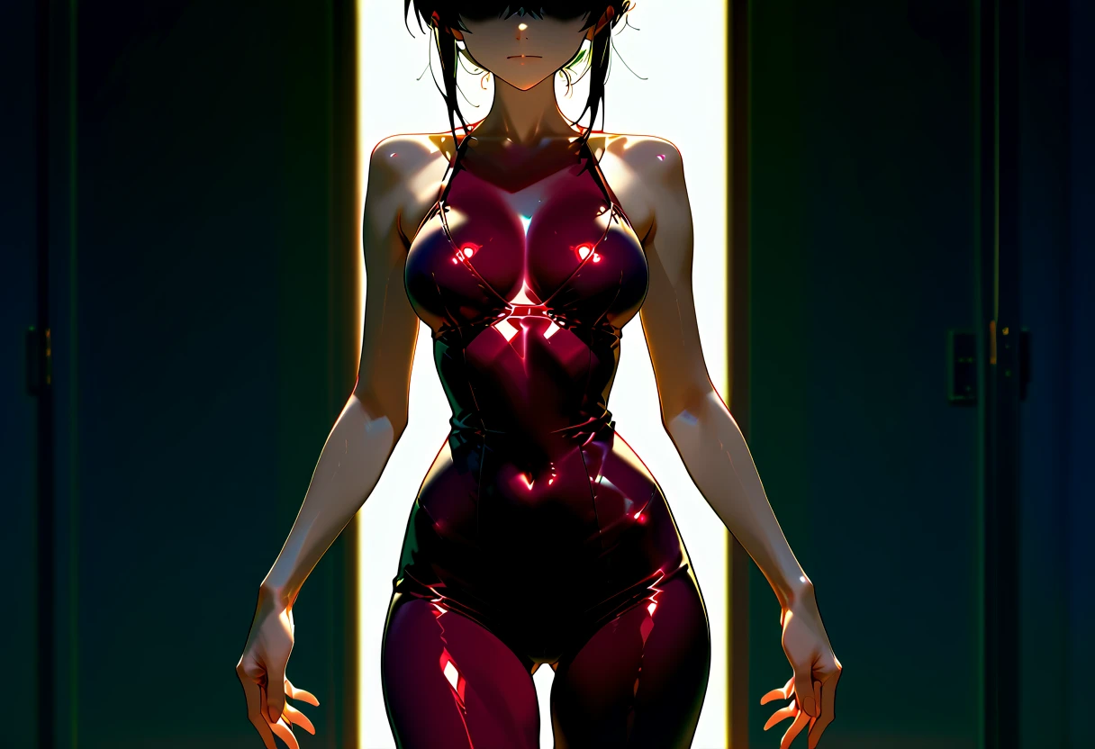 15 year old girl, 独奏, Buttock emphasis、Wearing a red competition swimsuit that emphasizes smiling buttocks、Long live the smile on your face(Versatile sexy poses)(A masterpiece of close-ups looking up from below in the highest image quality, realisitic, ultra-detailliert, (shinny skin, Sweating: 1.4), Ridiculous, looking at viewert, short dark hair, Brown-eyed, slender, dynamic light and shadow, hight resolution, foco nítido, depth of fields, Narrow-eyed, Sharp pupils, Realistic pupils, (breasts are small: 1.6), (Thigh thickness: 1.0), Indoor pool