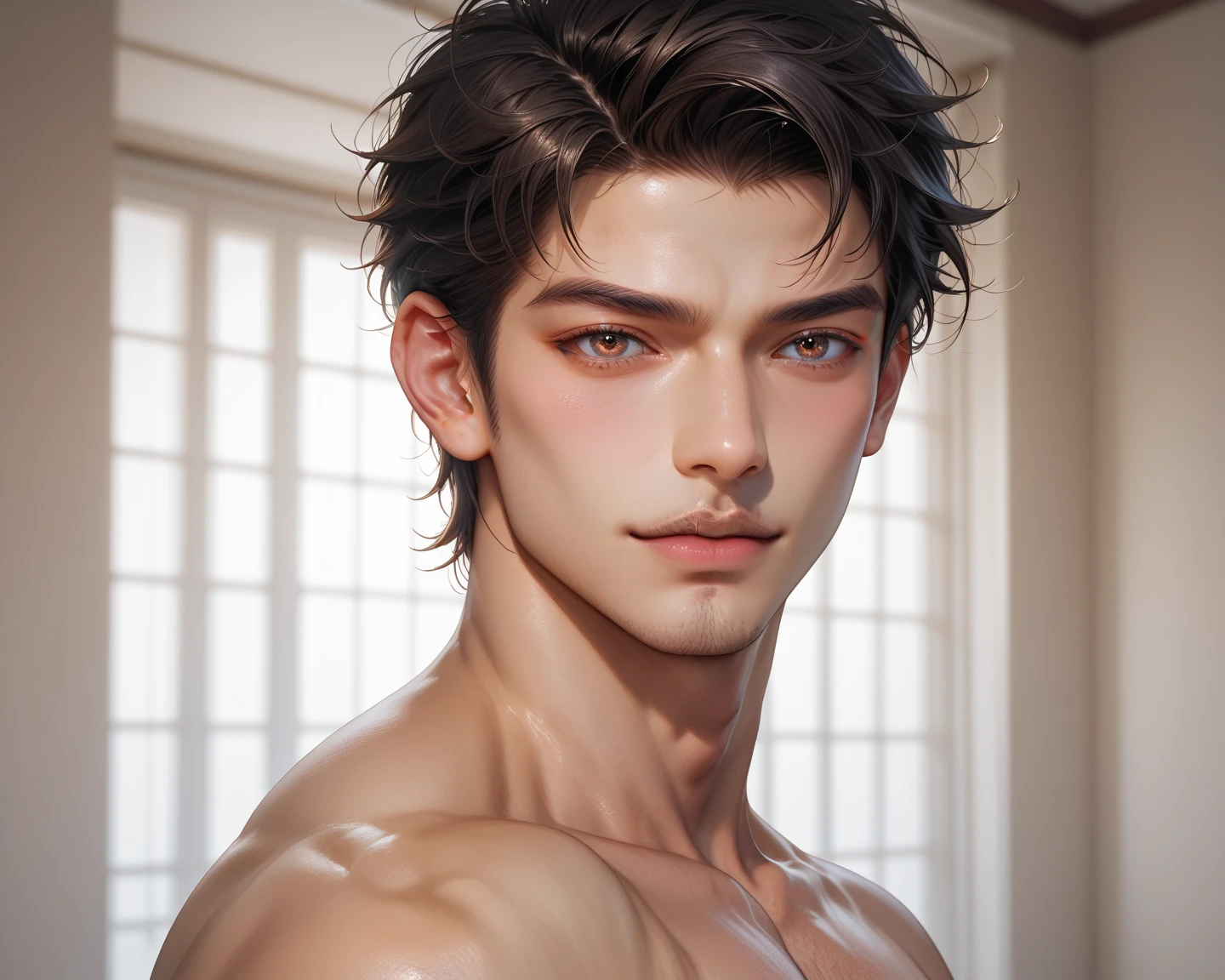 Full body realistic photography 4k, high resolution, best quality, Masterpiece, perfect color, เฉดperfect color, perfect light, ((Portrait)), ((handsome man)), perfect male figure, (Pay attention to details), (Handsome, sharp and dark.), short hair details，chest muscles，abdominal muscles，naked body，detailed face, perfect face, (stand up), Detailed background, (delicate eyes),white hair