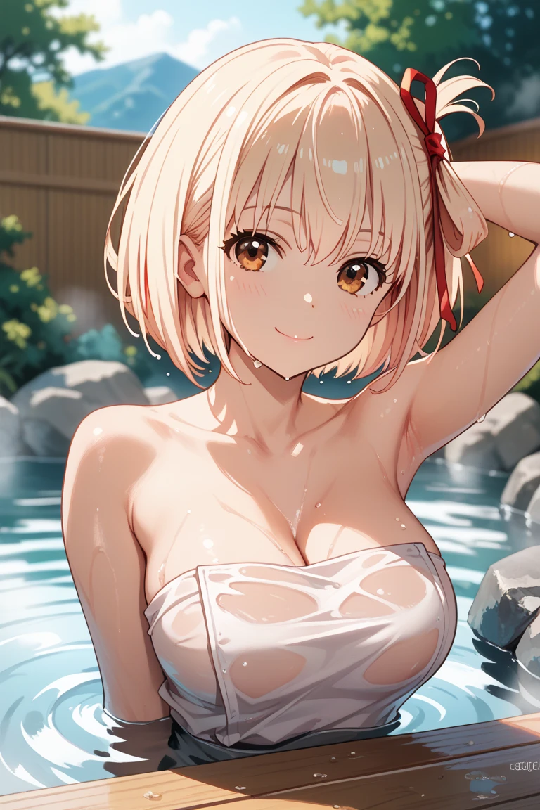 best image quality、high quality、18-year-old、1 girl, masterpiece,A woman relaxing in a hot spring,Towel naked、Soak up to the shoulders、,look up at the moon、Satisfied look,Beautiful inspired light,Elegant water flow,a soothing atmosphere,Quiet and calm background、side view、moon glare, perfect lighting, 、Bokeh, written boundary depth, blurred background, Senzoku Nishikigi、Blonde short bob、red eyes、