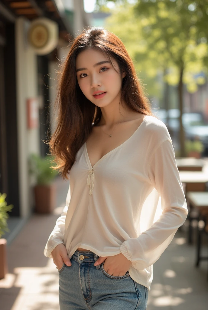 The right hand grabs the left chest, the left hand puts the hand on the crotch, the gesture of feeling the eyes closed, Leaning on the wall, putting your right hand on the jeans, putting your left hand on your chest, the back alley of the shopping street,