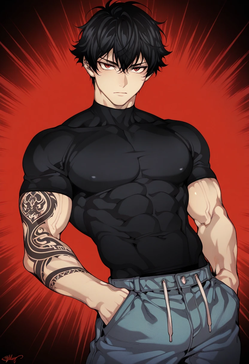 Kiritsugu is sitting and flexing his arms. He wears a black tshirt with short sleeves. His right sleeve is completely rolled up, so you can see his entire arm and shoulder. He wears black short boxershorts. You can see his thighs completely. He has a huge bulge. You can see his abs too. He is admiring his arms. he has bulging veins on his arms.