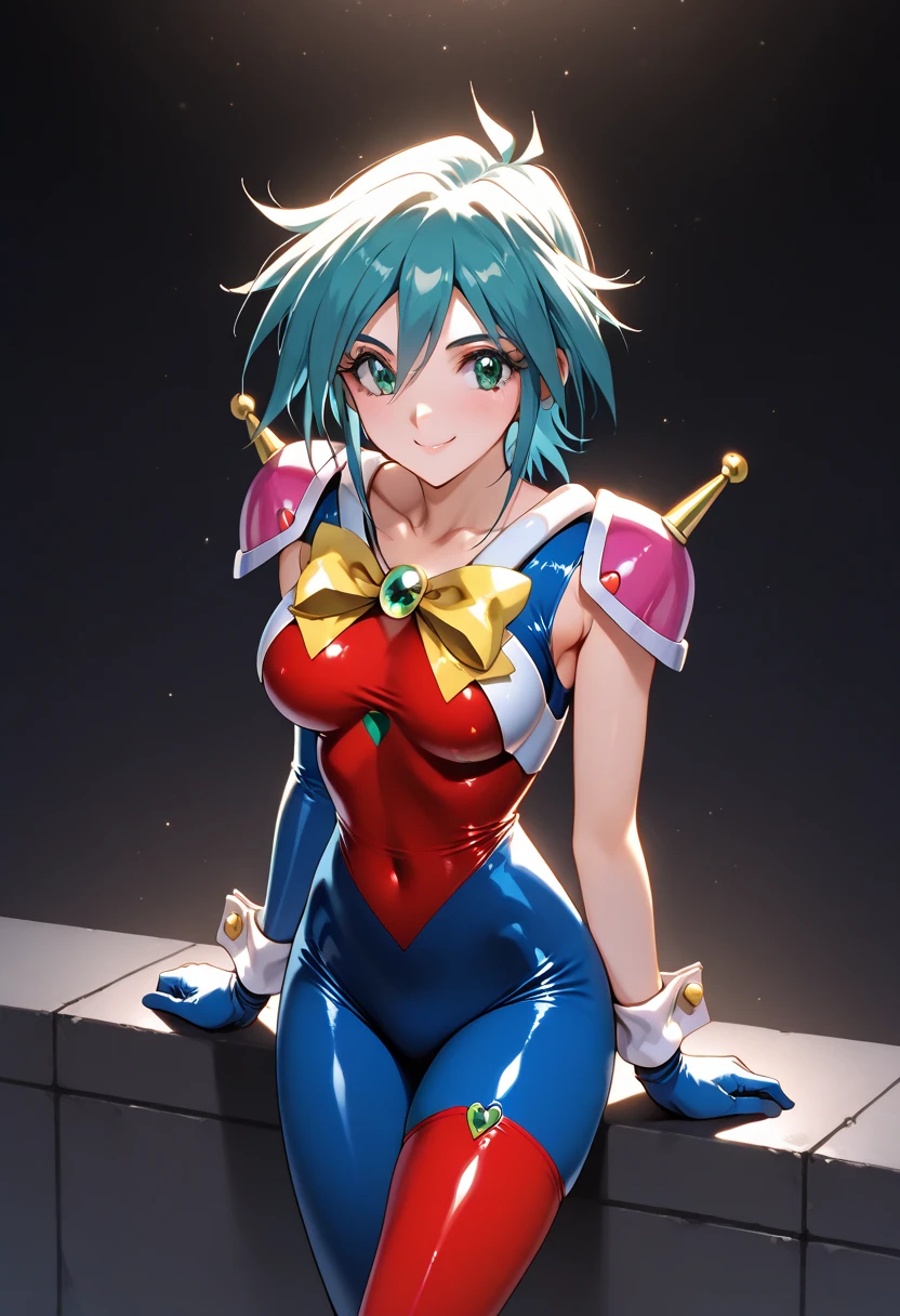 Allenby Beardsley,neck ribbon,perfect hands, perfect finger,perfect anatomy, masterpiece, best quality,realistic, hyperrealistic, 16k hdr,1girl, large breasts,erected nipples,blue hair, bobcut,mobile trace suit, shoulder armor,red and blue bodysuit,fighting pose, upper body, cockpit,from below,spread legs