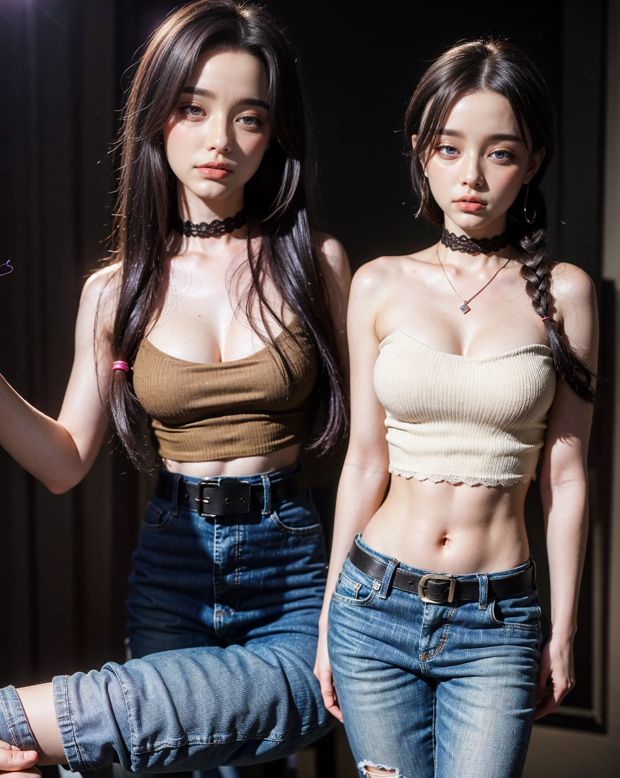 (2heads:1.2), Girl in white bra and tight denim skirt posing for photo, full body, with cropped T-shirt, bra, slim body, smaller bust, slim girl model, 2 female model, lying on the construction site, a group of black men onlooking