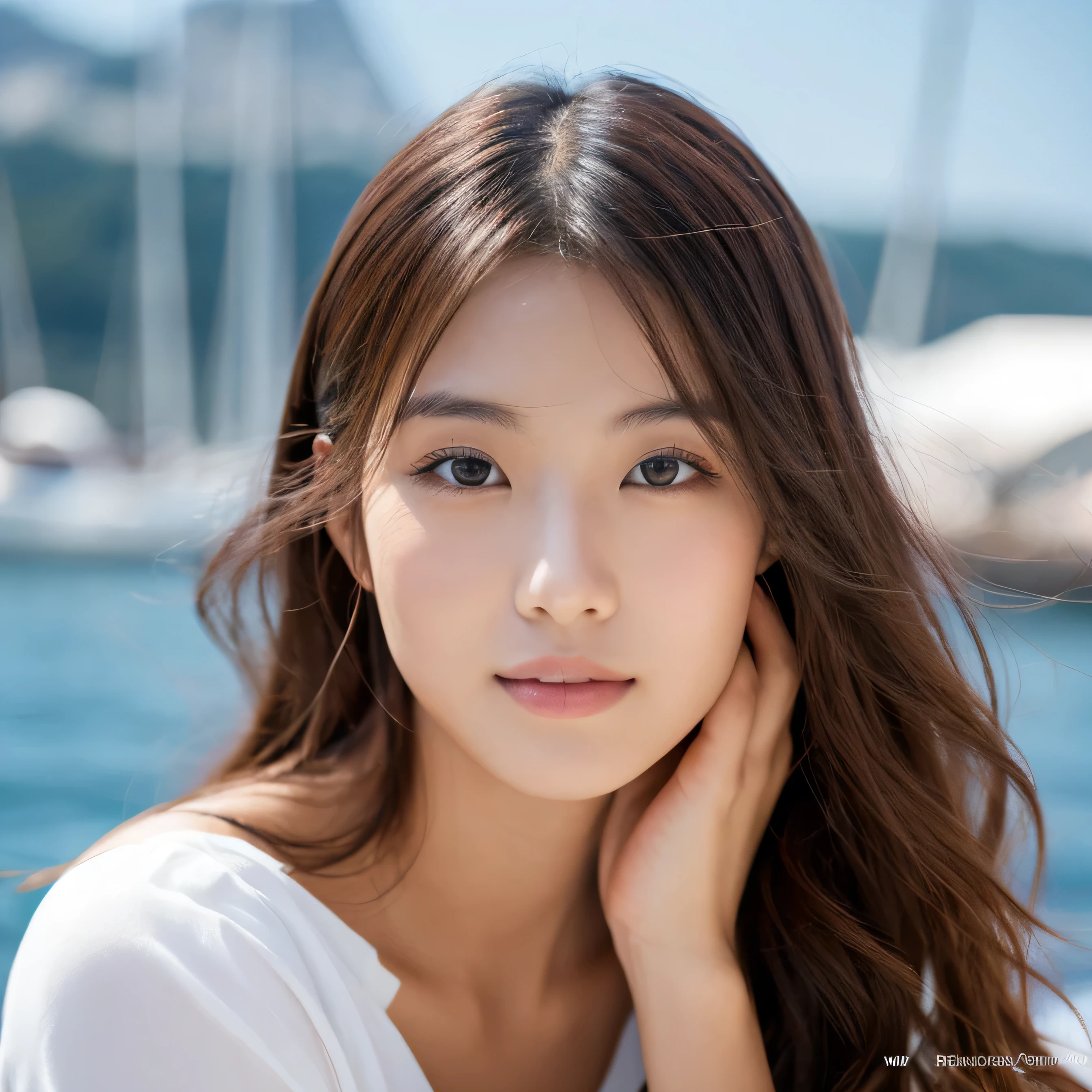 masterpiece、1 beautiful girl、 (reality: 1.4), Japanese、asian beauty、super beautiful、beautiful skin、thin、(full body)、(超reality的な)、(High resolution)、(8K)、(very detailed)、(Super detailed)、big eyes、brown eyes、long eyelashes、detailed face、gloss lip,bright lighting、professional lighting、looking at the camera、serious expression、look straight ahead、long hair、brown hair、sea landscape、Nogizaka Idol、actress、20-year-old、big breasts、big breasts、wet skin、silver latex suit、cleavage cutout、baby face、Moisturized and realistic skin texture、moist lips、natural shadows、(arms up),nsfw,