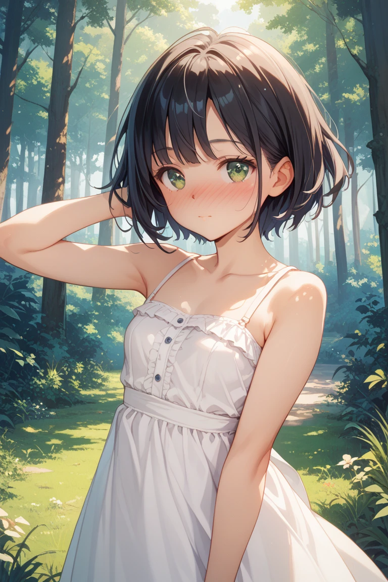 best quality, masterpiece, ultra-detailed, ultra-detailed, 1 girl, short hair, black hair, green eyes, STS, see-through, shirt, white shirt, medium breasts, standing, hands above head