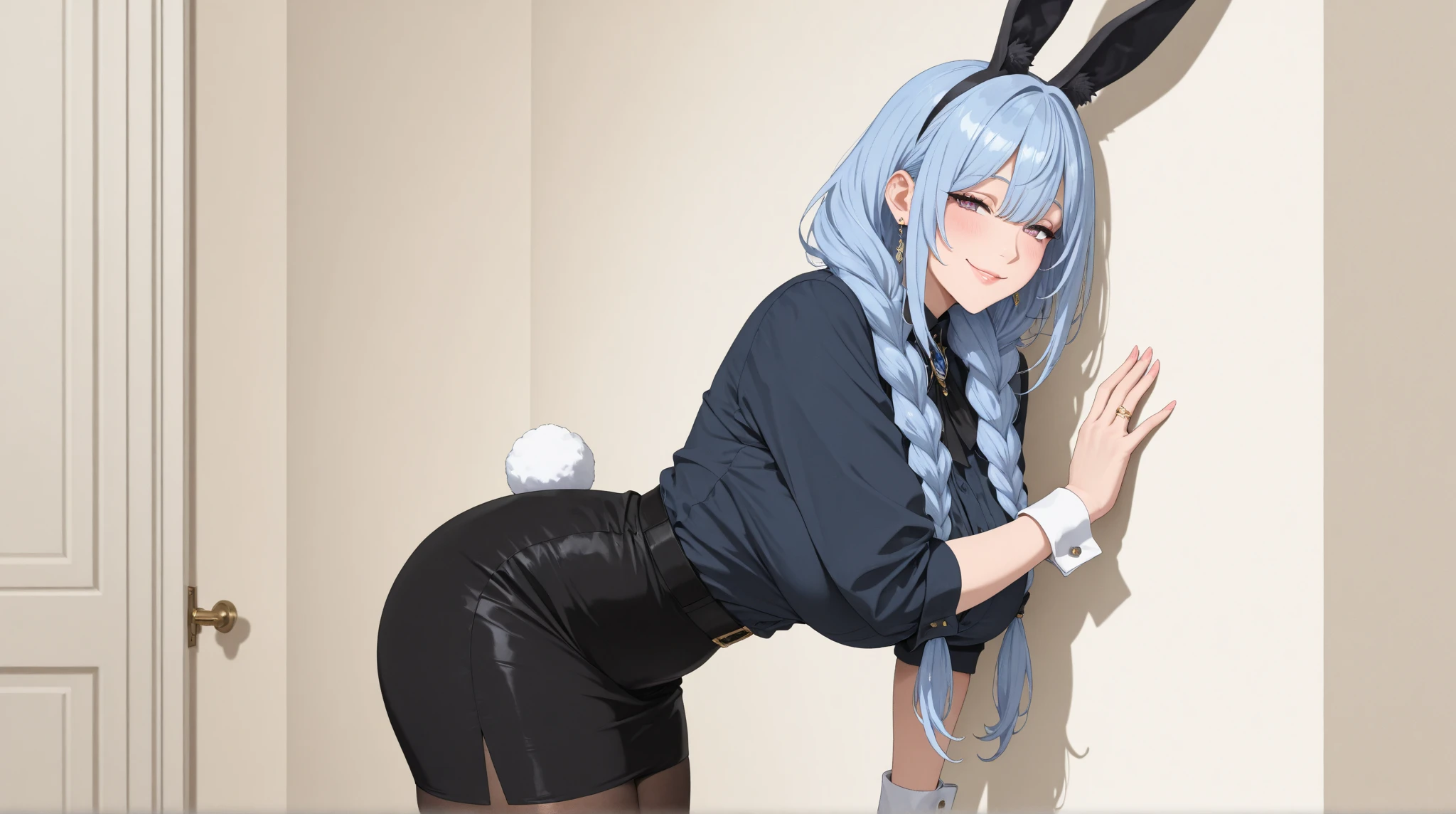 1 girl, alone, uzaki hana, (masterpiece), (best quality), (pixiv), bangs, blue eyes, short hair, gray hair, fangs, dark blue playboy bunny outfit, dark blue headband, blue bunny ears dark, black pantyhose, huge breasts, jean shorts, pantyhose, fangs, large breasts, slim waist, wide hips, medium thighs, round butt, smile, standing (extremely detailed 8k unity CG wallpaper), looking at viewer , from behind, point of view (from below), intricate cowboy photo, (detailed face, detailed eyes: 1.2), best lighting, bakery, window, perfect hands, perfect anatomy