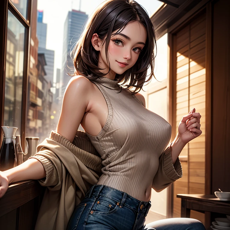 Tabletop, highest quality, Photorealistic, In detail, High resolution, 8k wallpaper, Perfect dynamic composition, Sharp focus, Surreal, Beautiful fine details, Pixie Cut Hair, Big ample breasts, Random sexy poses, Put your chest together, (Beige tight O-neck knit tank top, Black lace high cut panties), (Thighs), (Breast bulge:1.2), (grin), Open your mouth, Resort scenery, 45 years old, (drooping eyes:1.4), Adult Beauty, Japanese, simple chain necklace