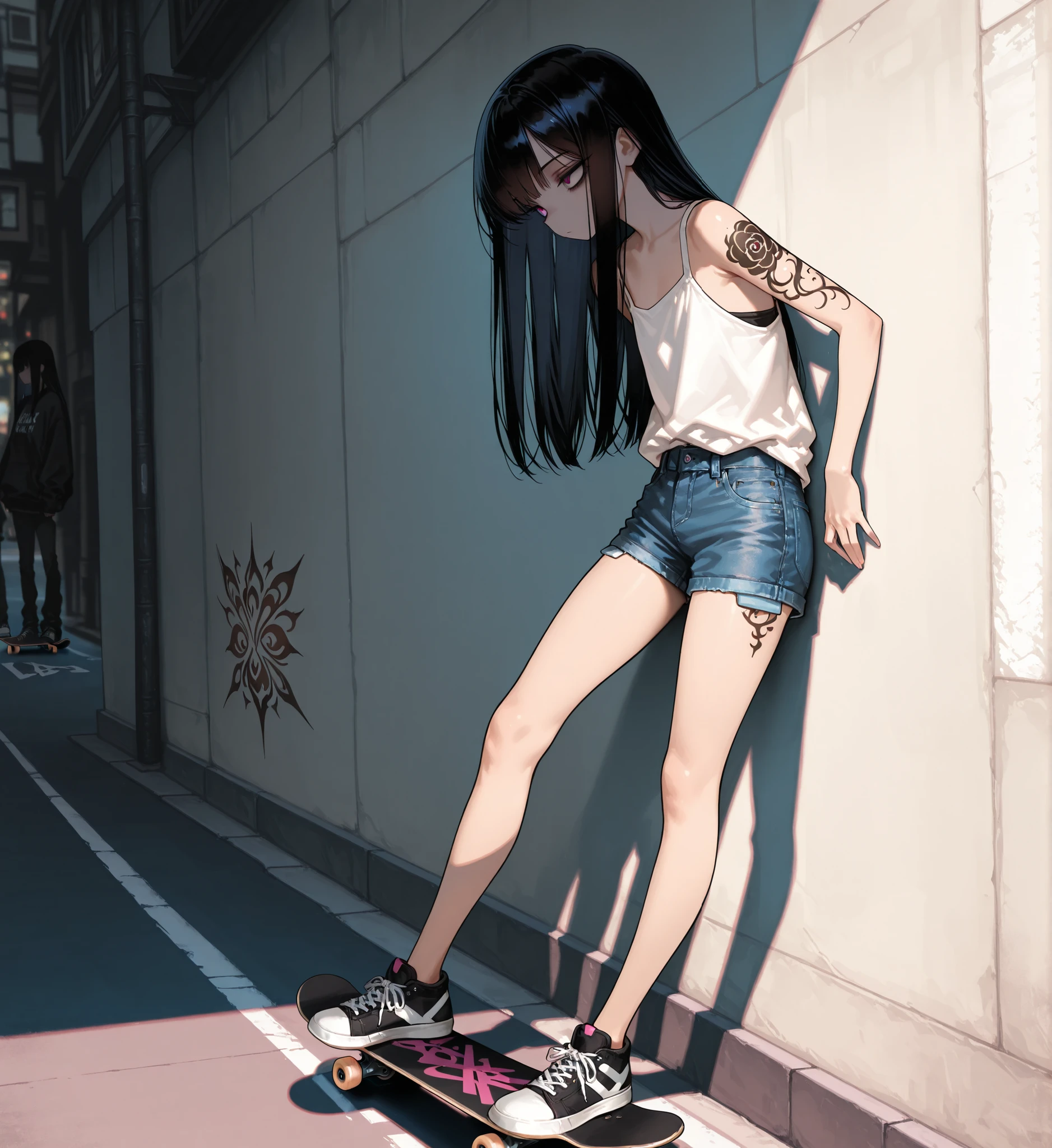 HD,4K,cartoon,excellent composition,Street Style,Masterpiece, Black Straight Hair,Portrait of a young girl,trendy look,Skateboarding Skills,Standing against a wall ,Tattoo,denim shorts,sneakers,white top,fine texture,Rich colors,Dark and Gloomy Vibes, strongly contrasts , shadow effect