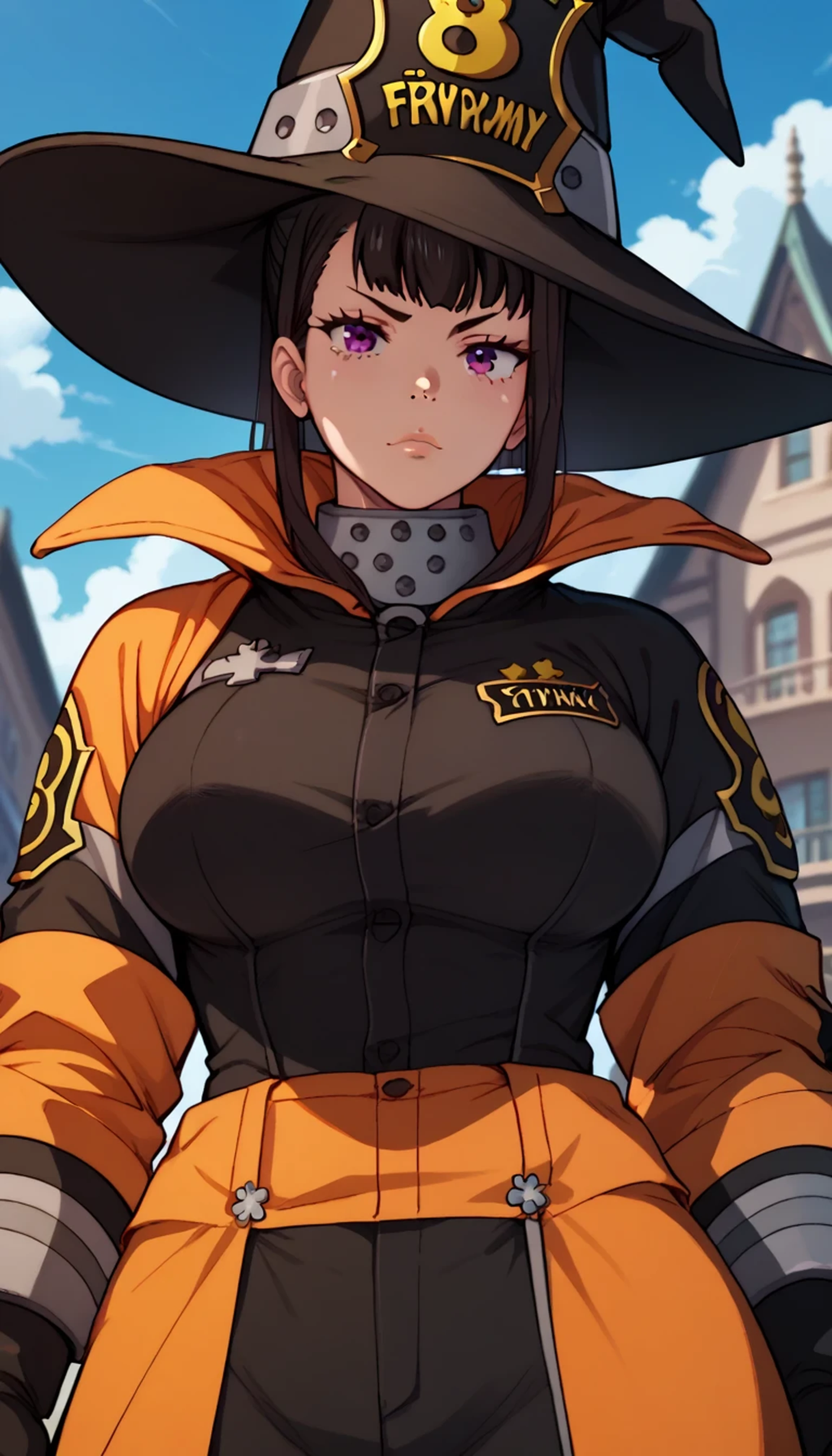 Maki Oze wearing a black fireman outfit, large breasts, wearing a witch hat, with armor on shoulders
