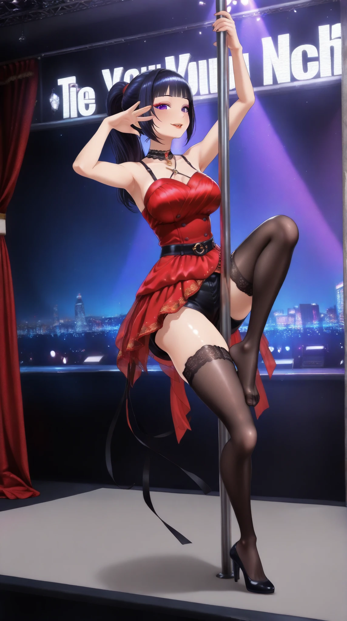 1girl, solo, komishouko hypnotized doll-like dancer figure, a shiny wax sculpture, gestures of pole dancing, artificial white wax skin, skin made of wax, shiny wax skin, Komi submissive and frozen in place as a decorative lewd and sexual statue, pantyhose , red skirt, red bow, lifeless doll-like eyes, ahegao, pole dance, arms tied up above her head, appealing expression, display, like an attraction feature, nightclub