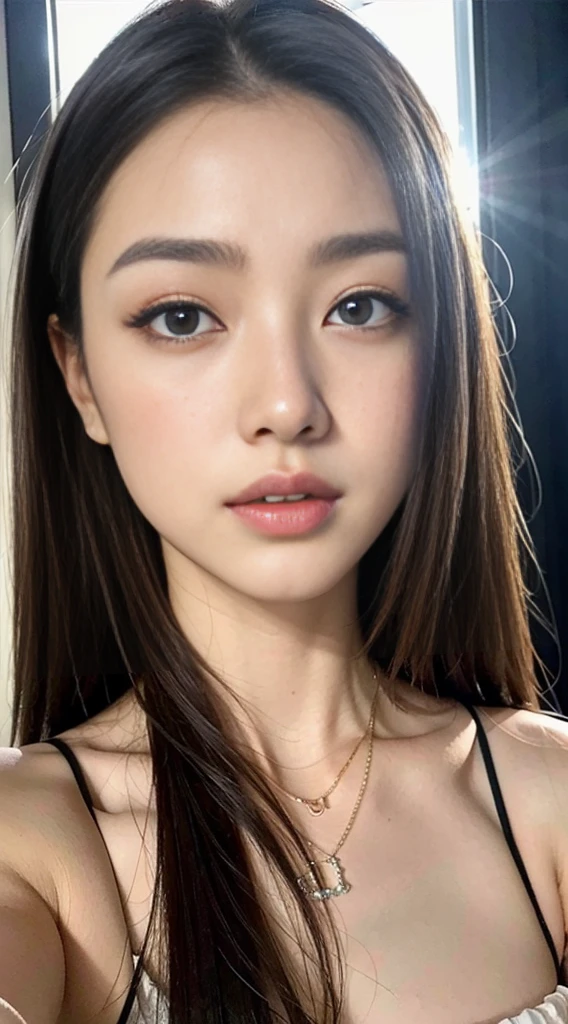 High-quality, ultra-realistic portraits。(She has a neat face.、It combines elegance and class.)。((Large eyes with deep gradation、Gives an elegant impression))。(The nose is clear、Her lips are a subtle light beige color.。The skin is transparent、Has a healthy glow)。Makeup is natural、Smoky brown gradation on the eyes、The blush gives the cheeks a soft, healthy glow.。The lighting is soft and natural.、Accentuating facial features、Does not emphasize shadows。The background is simple and has a blurred gradient.、Focus on the face。