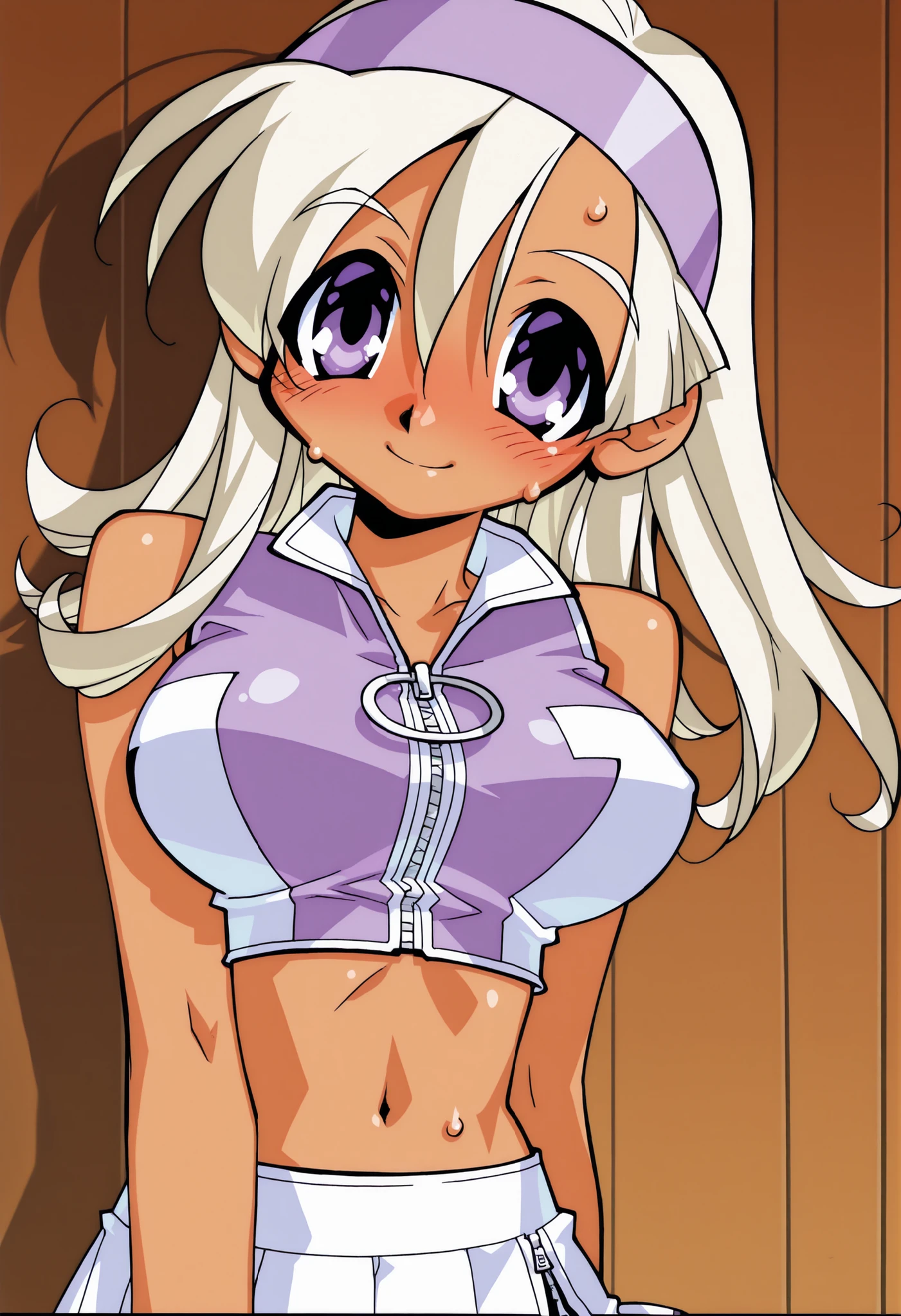 nsfw,(Hyuuga miki,Final Romance, Long hair, Blonde hair,((Brown skin)),purple hair band,large breasts,private server、living、in heat,show off nipples,blush,sitting,undressing,nipples