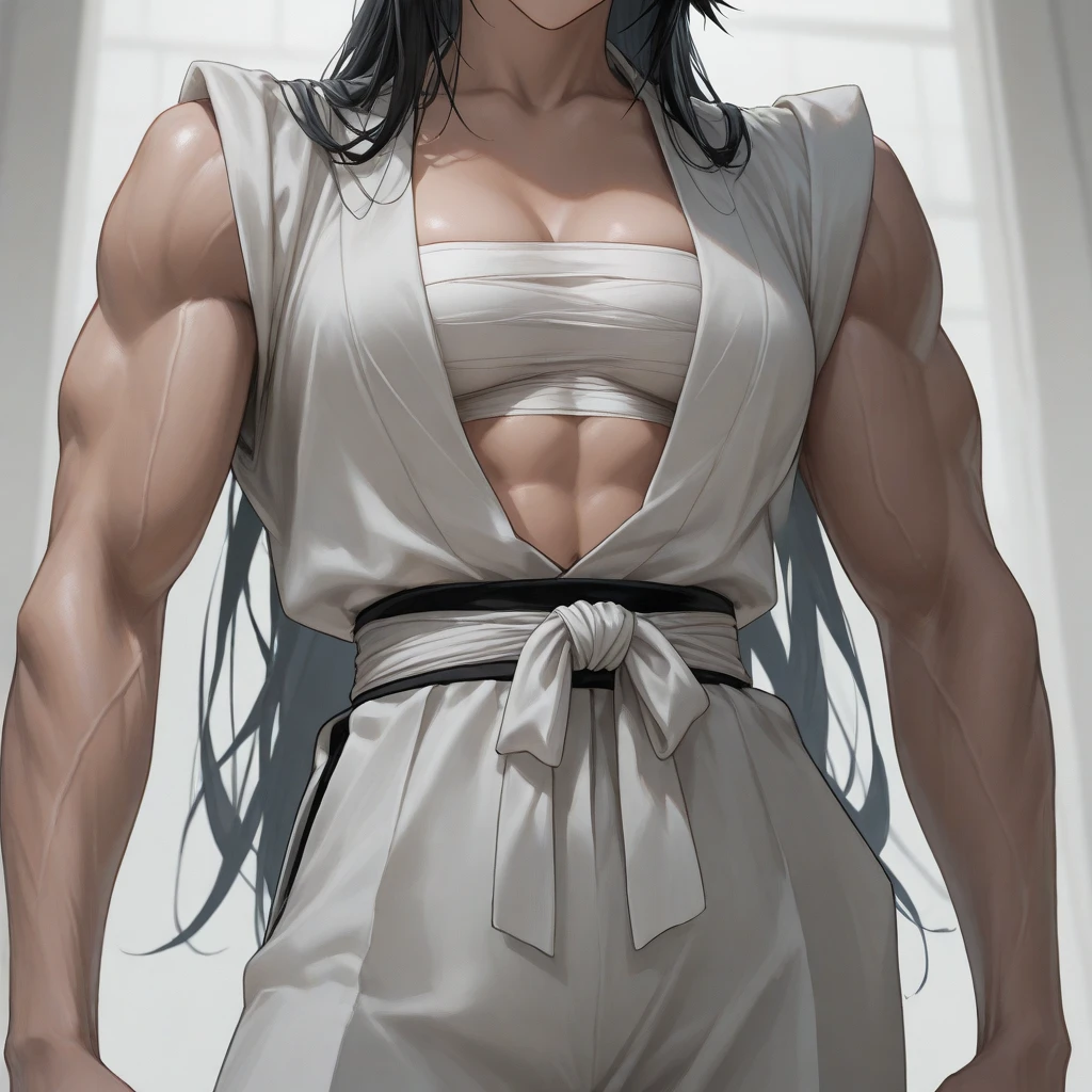 black hair, yellow eyes, solo, sweaty, shiny skin, angry, pale skin, ((((((muscular, 1girl)))))), curvy, thin waist, very long hair, cowboy shot, sweaty, perky breasts, kimono ((grey background))