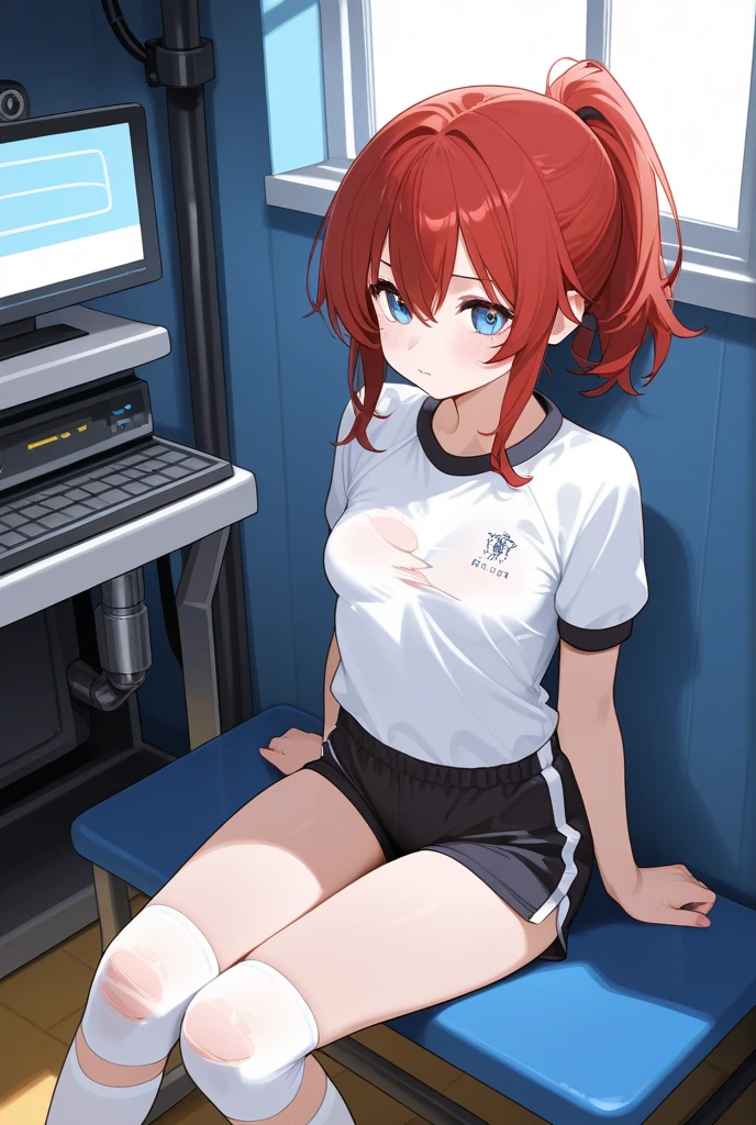 (highest quality,8k,High resolution, masterpiece:1.2), Super detailed, High resolution、One Girl、30 years old、adult、Dark pink hair color、semi-long、There are some stylish pink lines in her hair.、Short Ponytail、Hair between the eyes、Big light blue eyes、Beautiful crystal eyes、older sister、Top jersey、Jacket size XL、hot pants、Beautiful feet、Thin legs、Naughty expression、Mocking look、Sleepy look