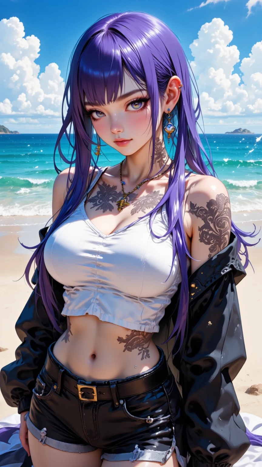 Seductive, sexy, 25 year old woman, anime with tattoos on her body and a bikini on the beach, close-up on the big breasts, extremely detailed artgerm, big boobs bouncing out of the bikini, beautiful anime art, detailed digital anime art, beautiful anime, artgerm. anime illustration, clean detailed anime art, [ 4k digital art ]!!, high definition anime art