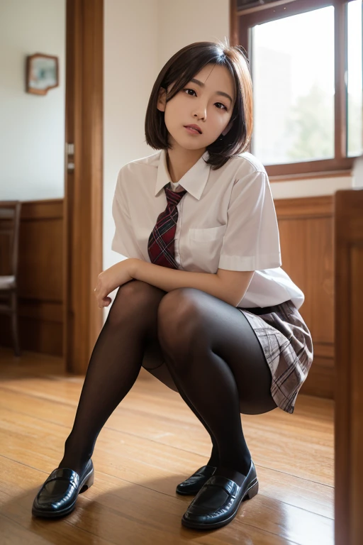 Teacher on top of her desk on all fours, POV from above and behind, sexy outfit, she is wearing a tight button down shirt with a silk scarf bow, miniskirt is pulled up around her waist to expose he cute butt in pantyhose, sheer high gloss pantyhose with tiny black panties underneath, she turns all the way around to look at the viewer seductively, classroom, UHD, ultra high res.photorealistic:1.4, POV view is from behind and above and can see her whole body in clouding Chistian Louboutin very high heel stiletto shoes