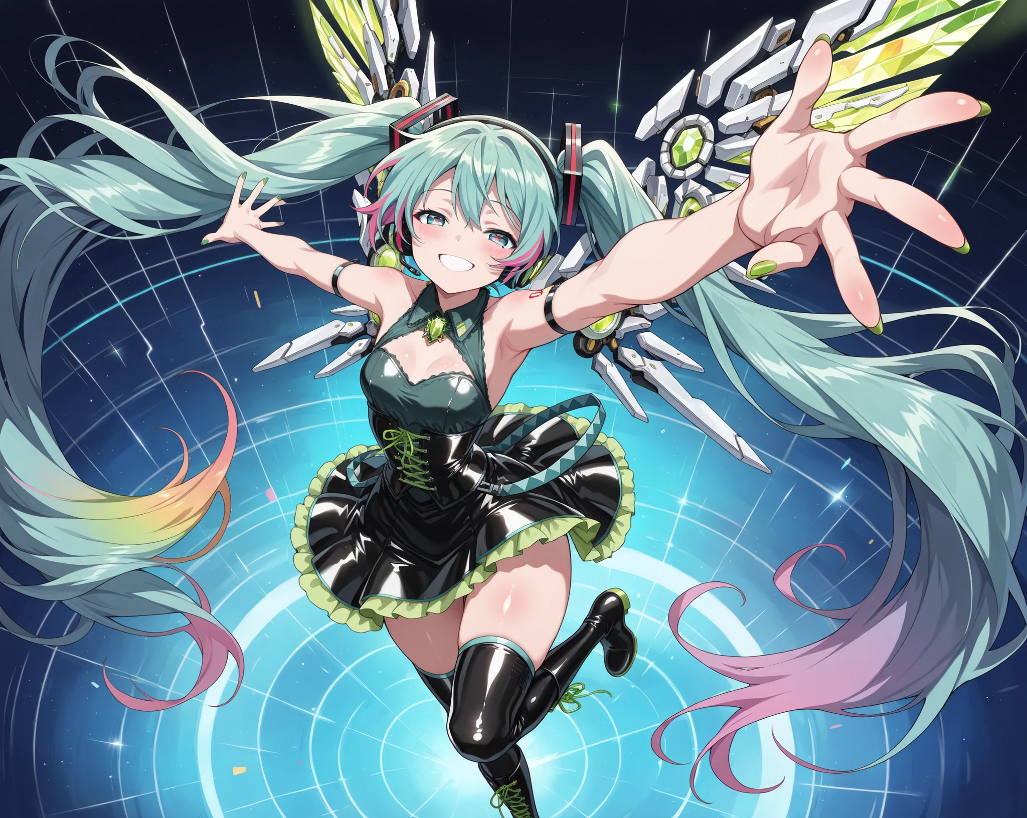 (1girl),((solo1:9)),((best quality,masterpiece,ultra detailed,absurdres1:9)),((Full-HD)),((anime coloring)),((cute face)),((high-quality face)),(Vocaloid,Hatsune Miku, Emerald Green Long Hair,Green Nails,Clear Blue Eyes),((five fingers1:5))+,(beautiful fingers1:5),((four fingers,one thumb1:5))+,(beautiful hands1:5),(beautiful fingertip1:5),(beautiful nail1:5),(perfect legs1:5),((perfect anatomy1:5))+,((complete anatomy1:5))+,((anime style feature rainbow-colored highlights in the clear eyes))+,((beautiful detailed eyes1:5)),((perfect eyes1:5)),((beautiful eyes1:5)),(beautiful face1:5),(shiny hair)+,(super happy smiling1:5)+,thick thighs,(body blush)+,(shiny skin)+,(shiny clothes)+,(magnificent panorama view1:3),(from above,overlooking1:3),(Extreme Long Shot1:3),background live stage,many neon Emerald Greenlight,floating hair,(super happy smiling face)+,(half open eyes:1.2),(Skipping for joy,Twisting the body,Reaching arms up making a peace sign),(wearing fitted red mini-dress with black lace-up corset detail,glowing silver laces and mechanical wings,Silver and RoyalBlue headphones,black knee-high boots with red lace-up details),(wearing Neon Emerald Green LED-lined layers of tulle),