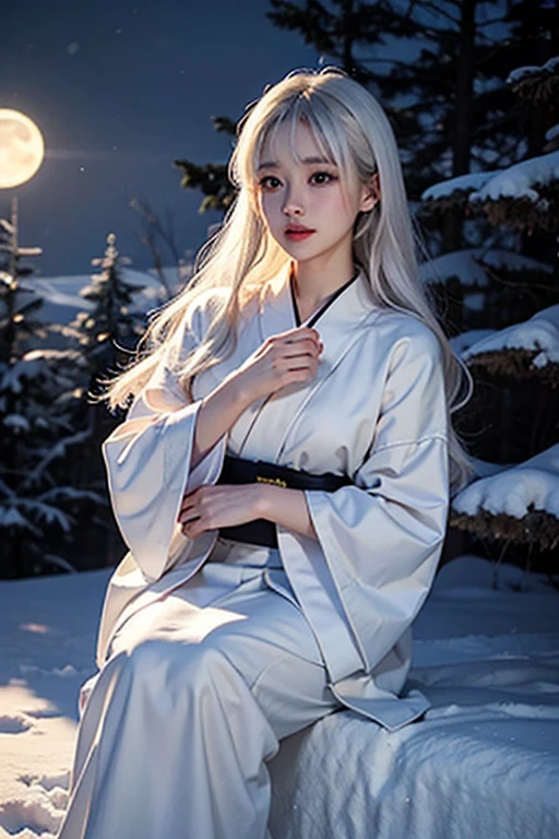 face lighting,bright backlight,super high resolution,best quality,Photos,32K,(Realistic:1.2),huiye,1girl,(kimono:1.1),(pale skin:1.5),(pink silver hair:1.2),long hair,(night:1.2),
(pink moon:1.4),Shoulders exposed skin,Are thin, skinny,