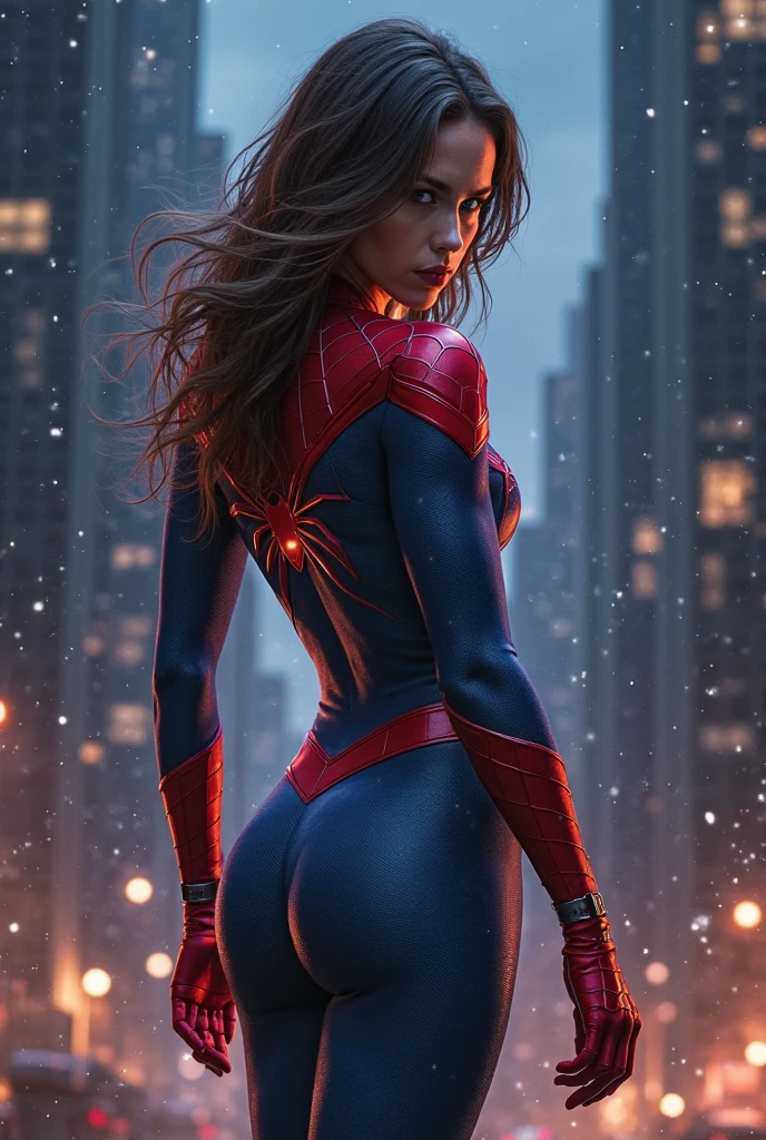 (1girl:1.3), solamente, (((Cara muy detallada)))), ((Ojos y cara muy detallados)))), Hermosos ojos de detalle, partes del cuerpo__, Arte Oficial, Fondo de pantalla unificado de 8k, Super detailed, hermoso y hermoso, Beautiful, Obra maestra, La mejor calidad, Texto original en, Obra maestra, Super fine photo, La mejor calidad, Super High Resolution, Realismo realista, luz del sol, Retrato de cuerpo entero, Amazing beauty, dynamic pose, cara delicada, Ojos vibrantes, Ella usa el traje de Spider-Man, Esquema de color rojo y negro, spider, Fondo muy detallado del techo de la ciudad, azotea, con vistas a la ciudad, Cara detallada, Antecedentes ocupados complejos detallados, Desordenado, splendid, blanco lechoso, Piel altamente detallada, Detalles realistas de la piel, poros visibles, Enfoque claro, volumetric mist, 8k UHD, DSLR, alta calidad, movie, sexy girl, Young girl, pechos llenos, Pelo rojo, , cuerpo perfecto, Manos perfectas,grande, (( Backwards ))))