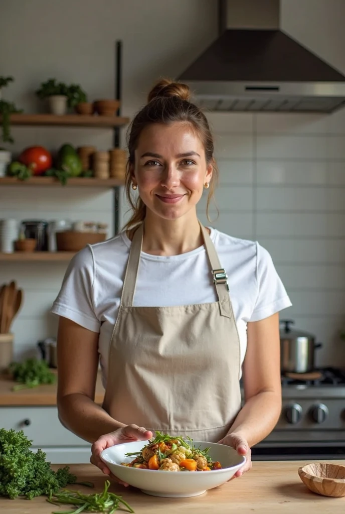 A woman of 1,60 inches tall with brown, straight hair, a beautiful face but with a freckle on her bare cheek in a kitchen