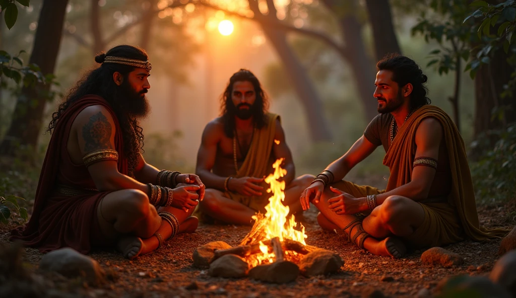 Images with a group of indigenous men somewhat detached blowing tobacco medicine , Grated, everyone dressed and around the fire with ultra-realistic vibrant colors in a closed place with glass sides overlooking the forest, a wider image without focusing too much on the face
