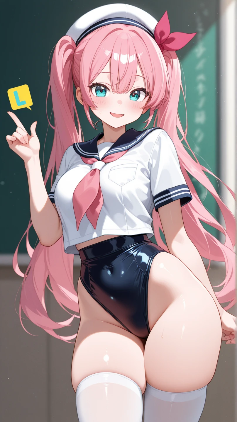 (blue eyes, braid, by the wide, twin braids, pink hair), naked, (thin student swimsuit), swimsuit, look from below, standing, Wet,huge breasts, blush, blue one-piece swimsuit, shy, school swimsuit, (arm behind the back:1.1) REST looking at the viewer, rest pool, (School uniform) BREAK (masterpiece:1.2), Best Quality, High resolution, unity wallpaper 8k, (illustration:0.8), (beautiful detailed eyes:1.6), extremely detailed face, perfect lighting, Extremely detailed CG, (perfect hands, perfect anatomy)