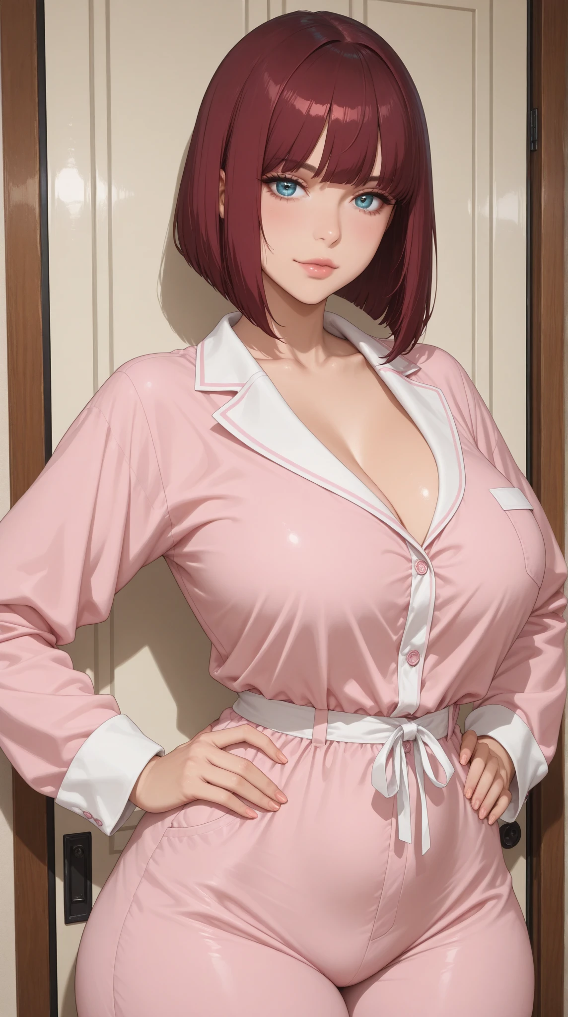 (masterpiece:1.2, highest quality), (realistic, photorealistic:1.4), beautiful illustrations,
looking at the viewer, whole body, Front view:0.6,
1 female, 23 years old, Japanese, ((blonde braided hair:1.5, short hair:1.5)), blown hair, bangs, hair between eyes, ((Height 162cm, C cup breasts, thin waist, peach butt))
beautiful hair, beautiful face, beautiful and detailed eyes, (brown eyes:1.3), beautiful clavicle, beautiful body, beautiful breasts, beautiful thighs, beautiful feet, beautiful fingers, perfect anatomy:1.3, perfect anatomy
(hospital room)
((pink nurse uniform:1.5, choker:1.6)), white panties,
((Grasp the hem of the skirt with your right hand, Put your left hand on your chest, sit with legs apart:1.3)),
(Look at the viewer while blushing:1.3)