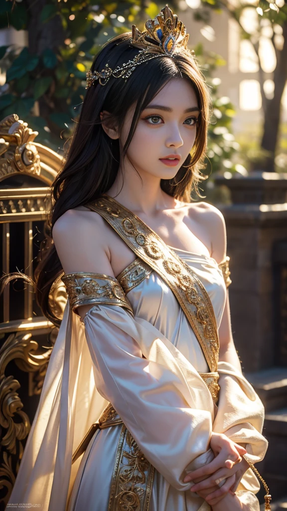 (masterpiece), (best quality), photorealism, realistic, ultra detailed, perfect face, perfect body, 1girl, beautiful girl, Greek goddess, Greek white clothes, peplos, meadow, stand, sexy, low key