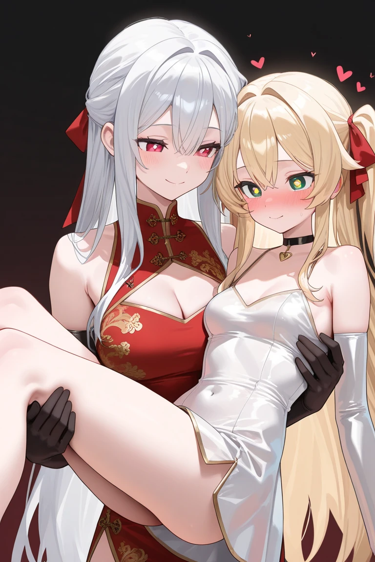 top-quality、realistic touch,high-detail、photoRealstic、thin-waist、captive beauty、big eye、Strong platinum blonde eyelashes、platinum-blond、full body Esbian、Sparkling eyes、Submissive smile、Flushed cheeks、Kamimei、thin-waist、Voluptuous thighs、Enraptured look、Raked bangs、The forehead is protruding、At the front door of the house、pony tail hairstyle、Navel Look、she is in estrus、Put your hands behind your head, spread your legs wide, and squat down.、sexy chinese dress、cocky expression、duo of young mother and young daughter