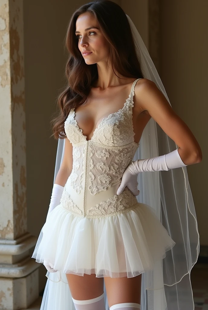 Jeune femme de 25 ans, visage fin, cheveux long, yeux marrons, HD, 8K, masterpiece, sourire romantique, sexy, concours de miss France, fashion clothes, line parade, raimboy lingery, dentelle, voile, garter, mousseline, combinaison, victoria secret, ailes d'anges dans le dos, Fashion show, fashion show podium