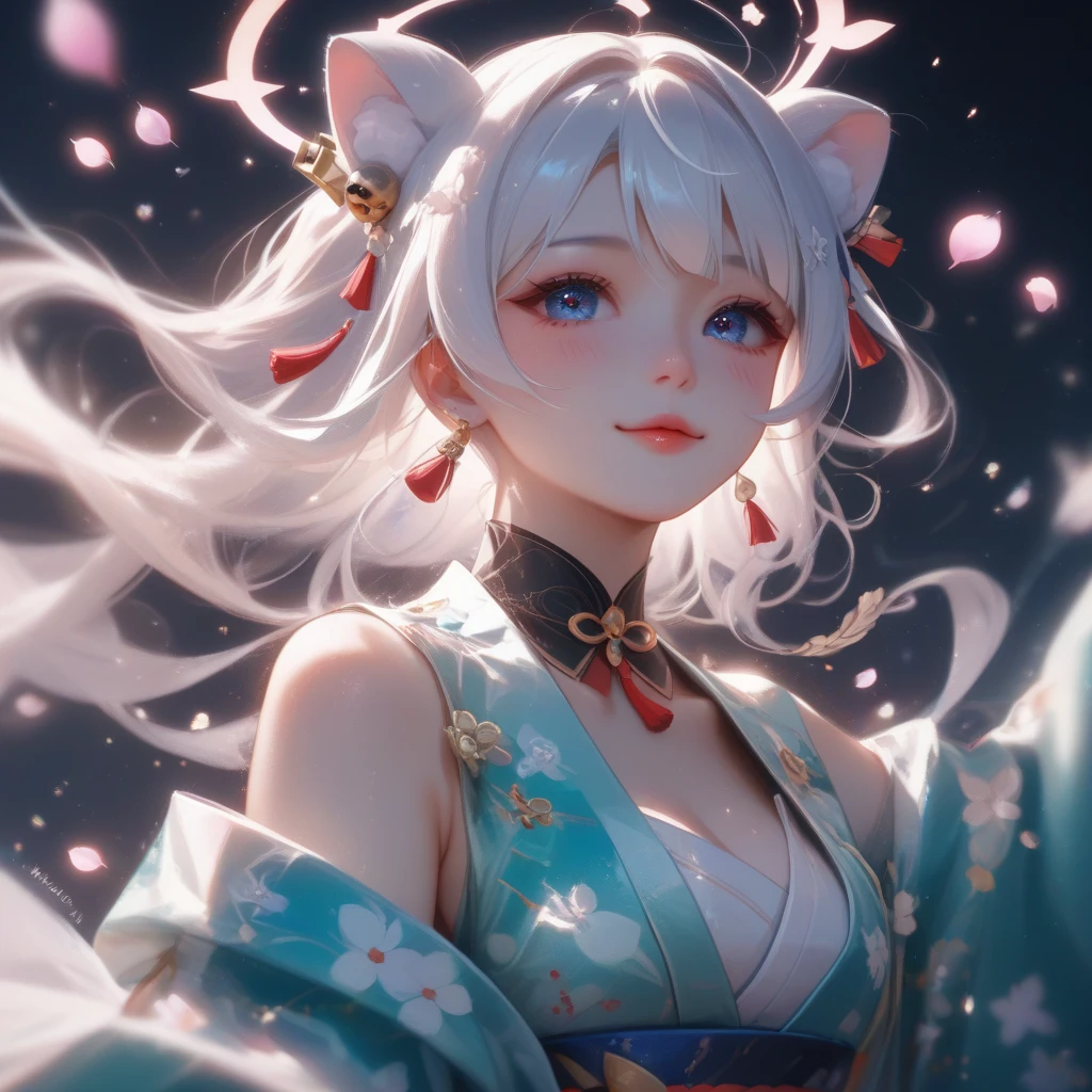 (Highest quality、High resolution、8k、masterpiece)。Look away、Open your mouth、Pink Eyes、Silver Hair、Heart shaped pupil、teeth、tongue、tongueを出す、（Original Character, (1 Girl)、Perfect Face、((short hair:1.2))、(Hair above one eye:1.3)、[[Disheveled Hair]]、Detailed eyes that shine、Light and shadow、 ((High angle shot))、Full body、bracelet、necklace、Disheveled clothes、Follow the Silver Wolf、Edo Period、kimono、Shunga、Ukiyo-e、Unhooking a bra from behind、