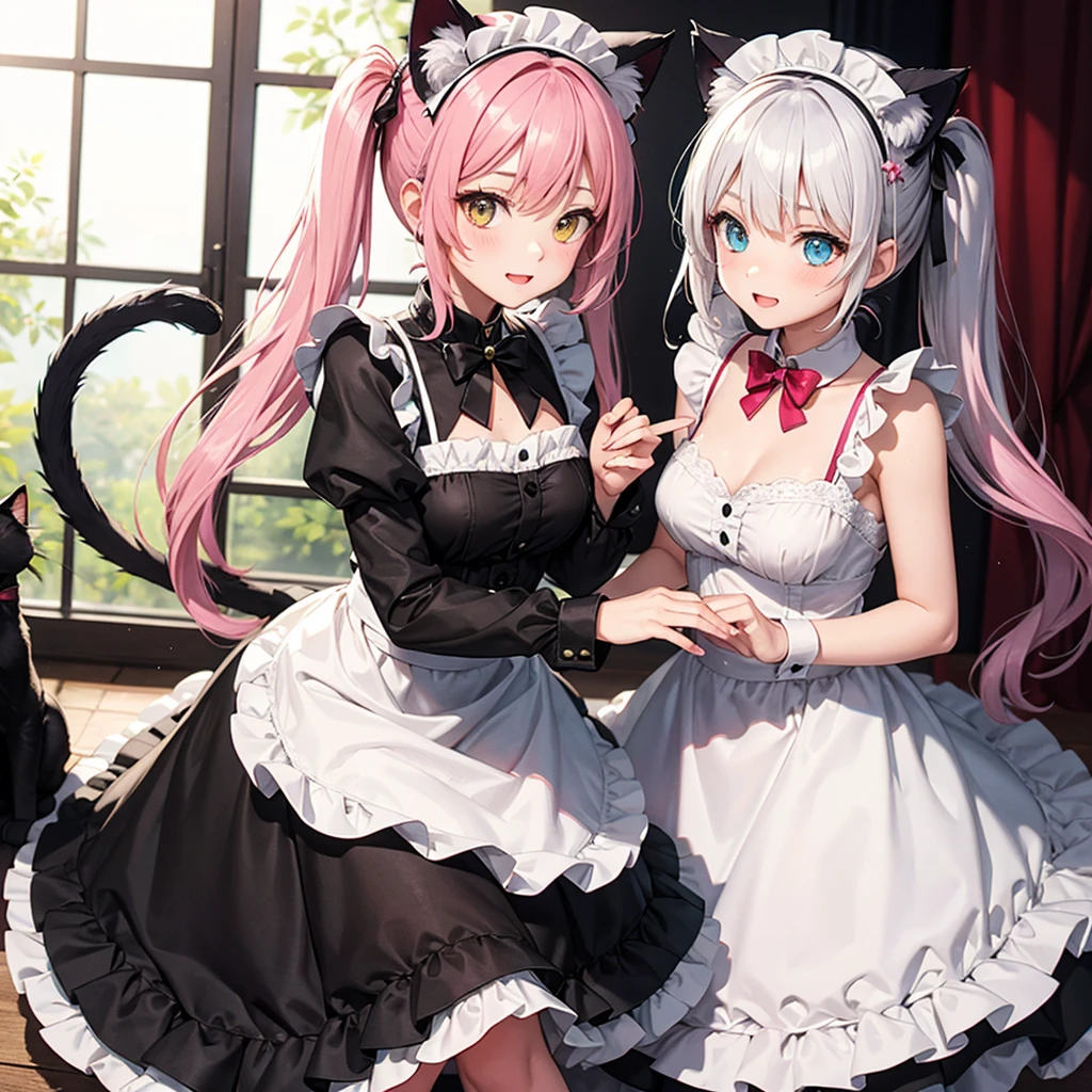 masterpiece, best quality, {1girl},(blush), embarrassed, (cowboy shot),very long hair,ponytail,maid,fox ears,fox tails,big,cleavage,(large breasts:1.4),oppai