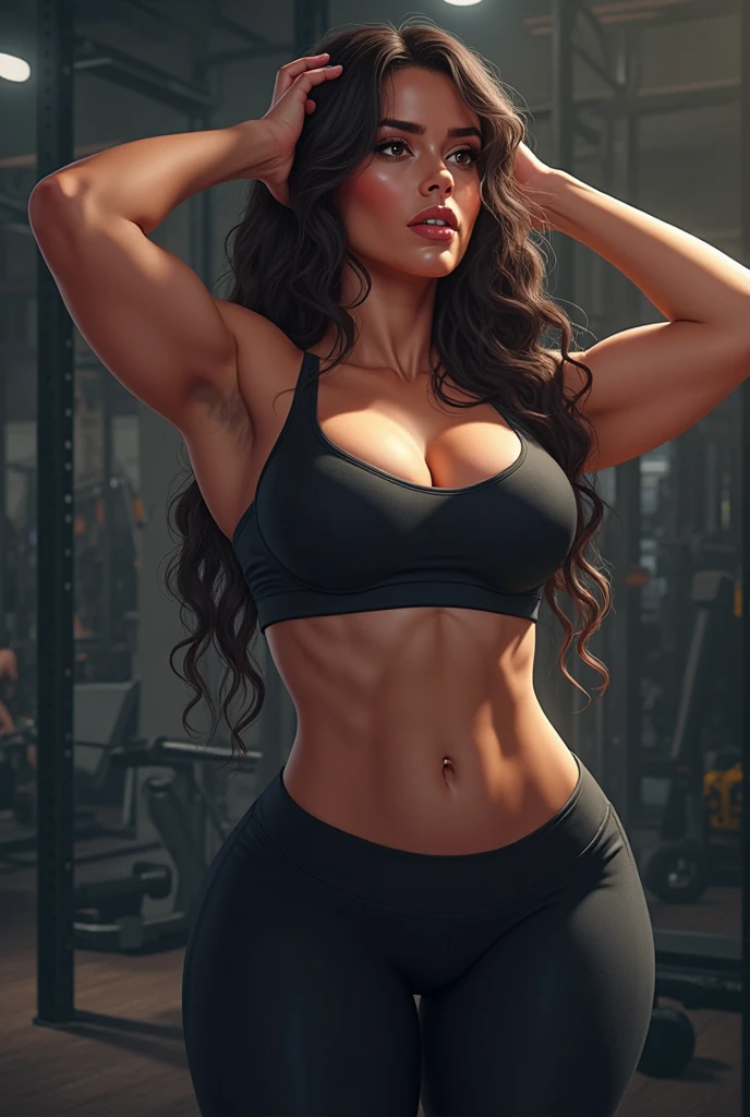 (best quality,4k,highres,masterpiece:1.2),ultra-detailed,realistic,portrait,attractive black haired woman, trendy headband, hoop earings, perfect body,colossal breasts, black pants and tank top, abs, muscular, powerful pose, legs open showing crotch,wearing silver stilettos, in a gym with clear windows revealing nighttime stars, silver stilettos, vibrant colors,studio lighting
